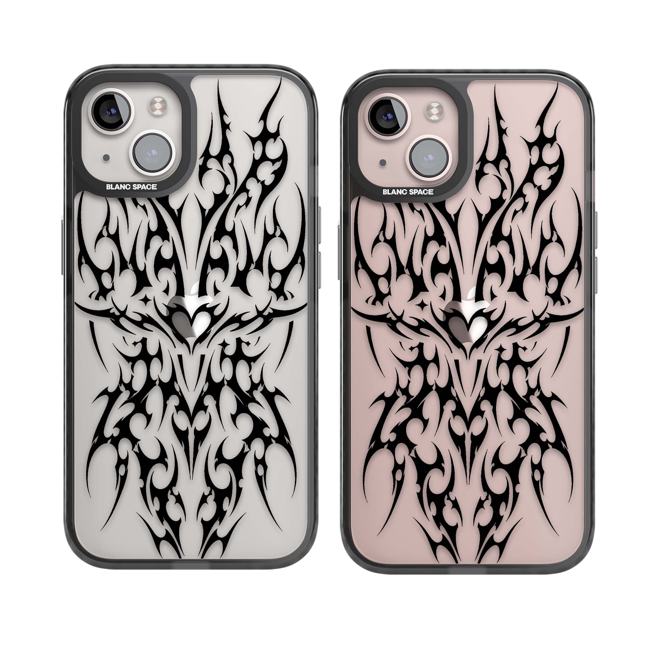 Neo Tribal Heart gothic iPhone case featuring symmetrical black tribal tattoo art with sharp thorn-like linework | Black Impact case for iPhone 13, iPhone 14, iPhone 15