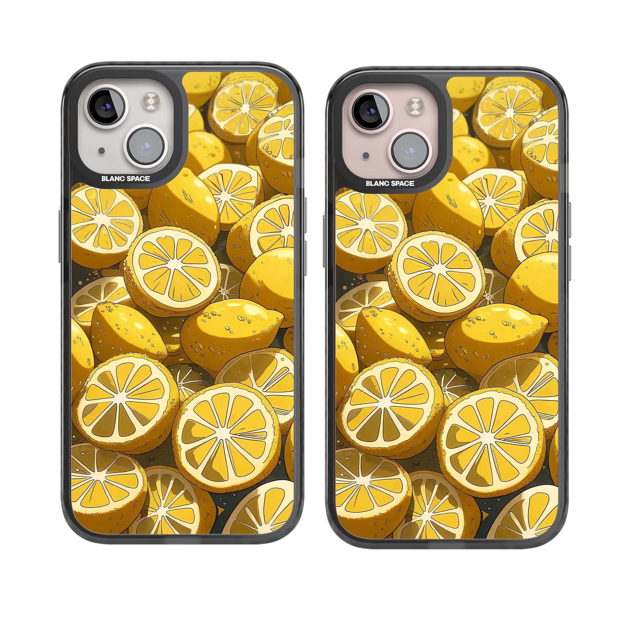 Zesty coastal iPhone case featuring illustrated Mediterranean lemons and citrus slices in golden yellow | Black Impact case for iPhone 13, iPhone 14, iPhone 15
