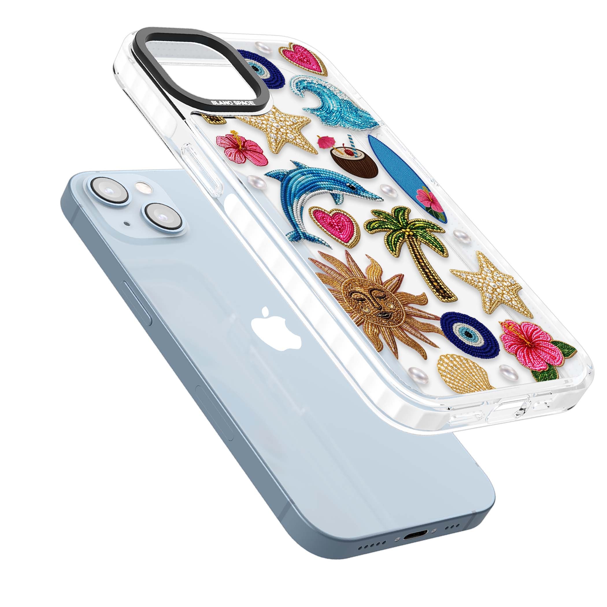 Beaded Beach coastal summer iPhone case featuring embroidered evil eye, hibiscus flowers, dolphin and palm tree patches | Clear Impact case for iPhone 13, iPhone 14, iPhone 15