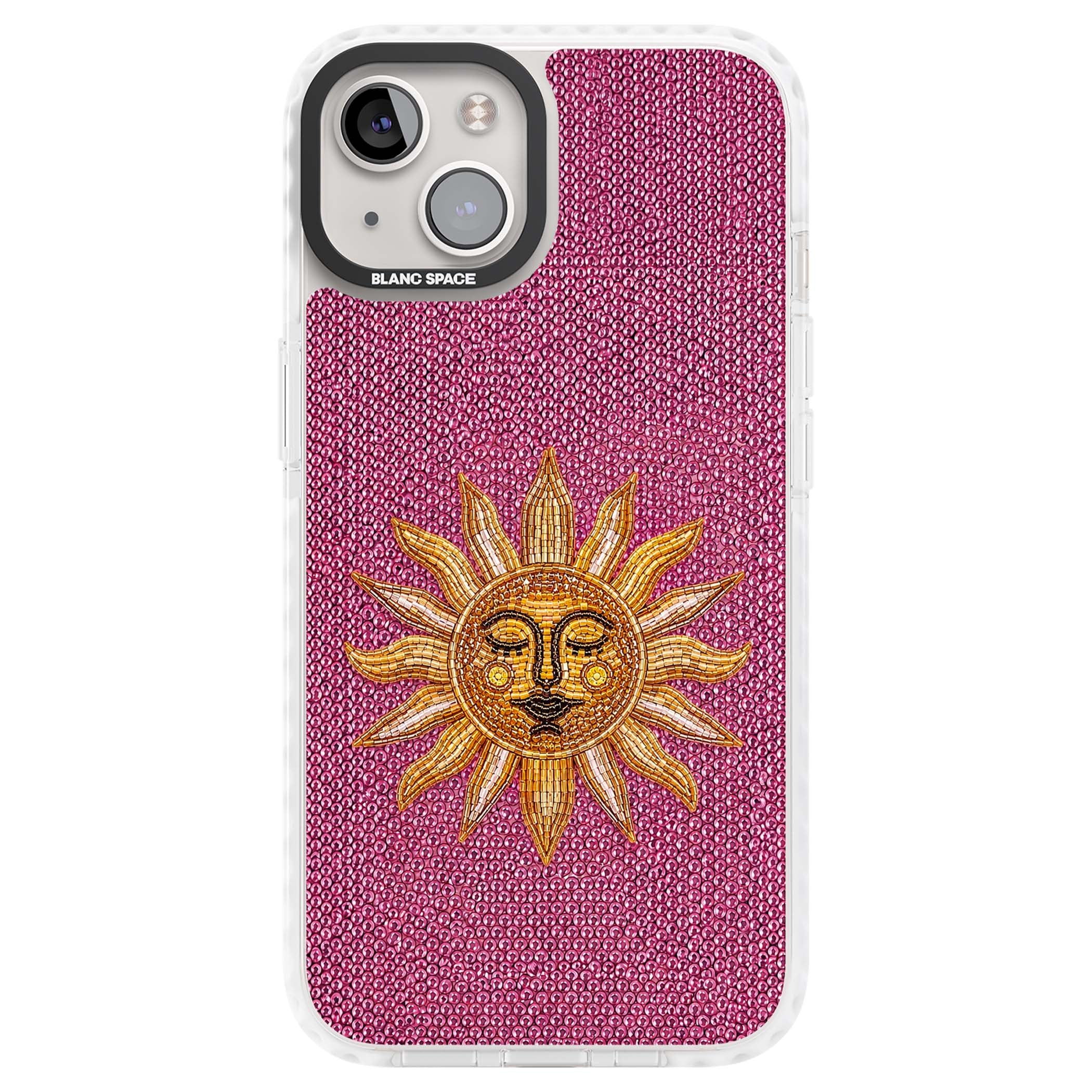 Beaded Sun celestial iPhone case featuring a golden beaded sun face with radiant rays on hot pink beaded background | Clear Impact case for iPhone 13, iPhone 14, iPhone 15