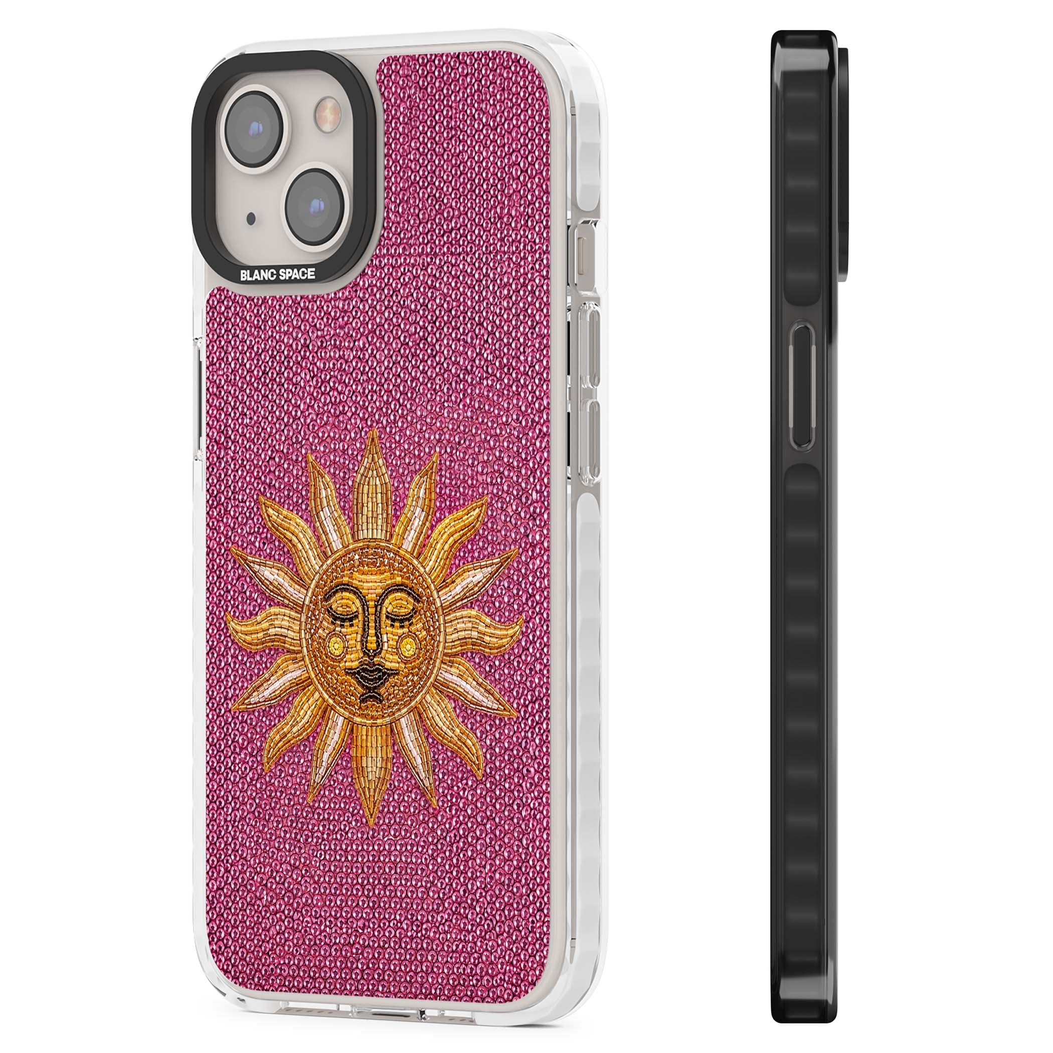 Beaded Sun celestial iPhone case featuring a golden beaded sun face with radiant rays on hot pink beaded background | Clear Impact case for iPhone 13, iPhone 14, iPhone 15