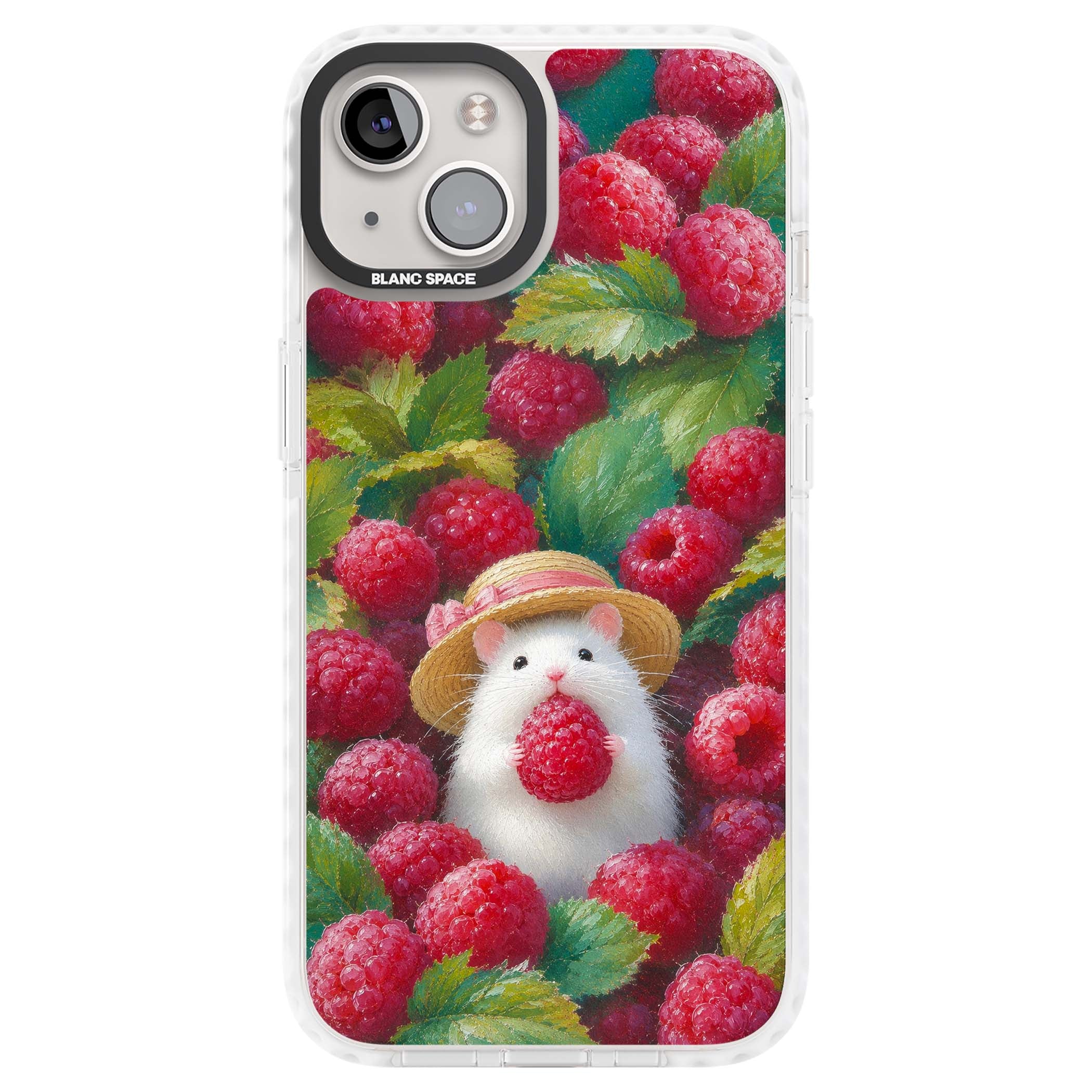 Berry Forager cottagecore iPhone case featuring a white hamster in a straw hat holding a raspberry surrounded by ripe ber | Clear Impact case for iPhone 13, iPhone 14, iPhone 15