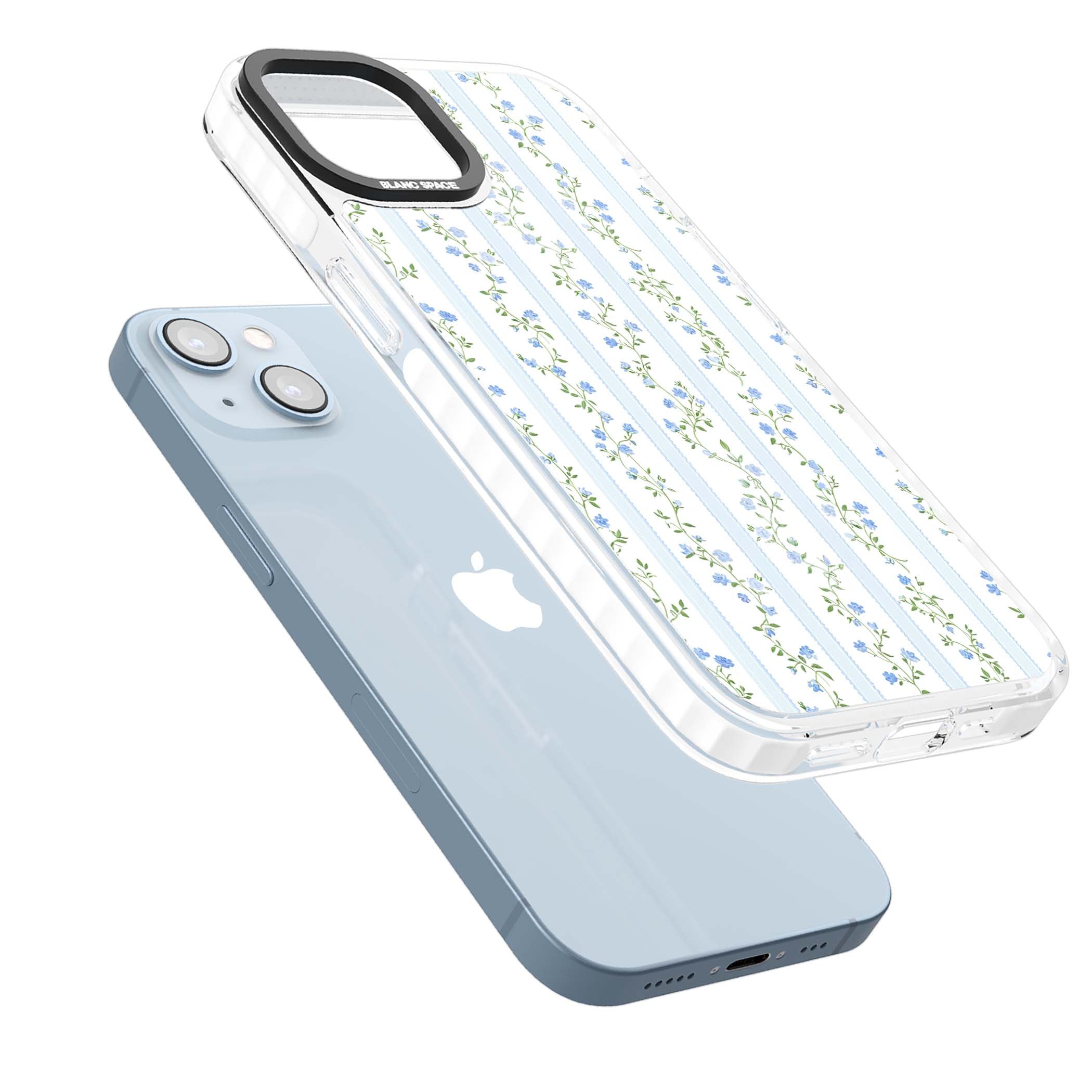 Bluebell Vine cottagecore iPhone case featuring climbing blue roses, trailing green vines, and pale ticking stripes | Clear Impact case for iPhone 13, iPhone 14, iPhone 15