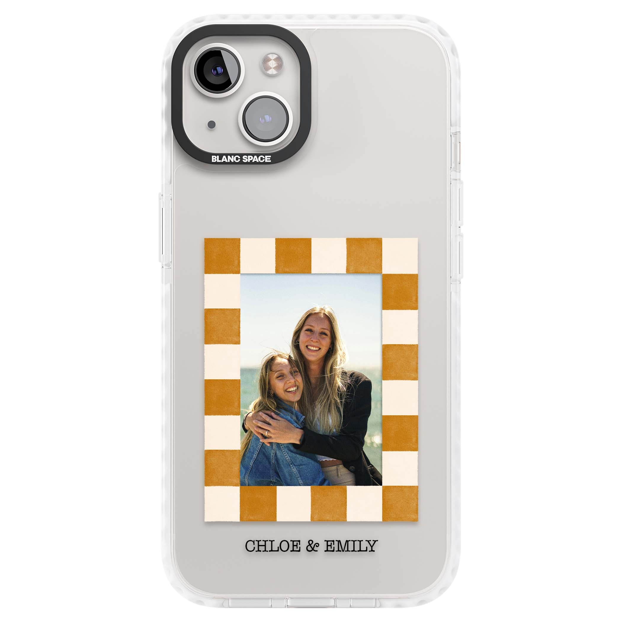Citrus Check Photo personalised iPhone case with custom photo, orange checkered frame and names underneath | Clear Impact case for iPhone 13, iPhone 14, iPhone 15