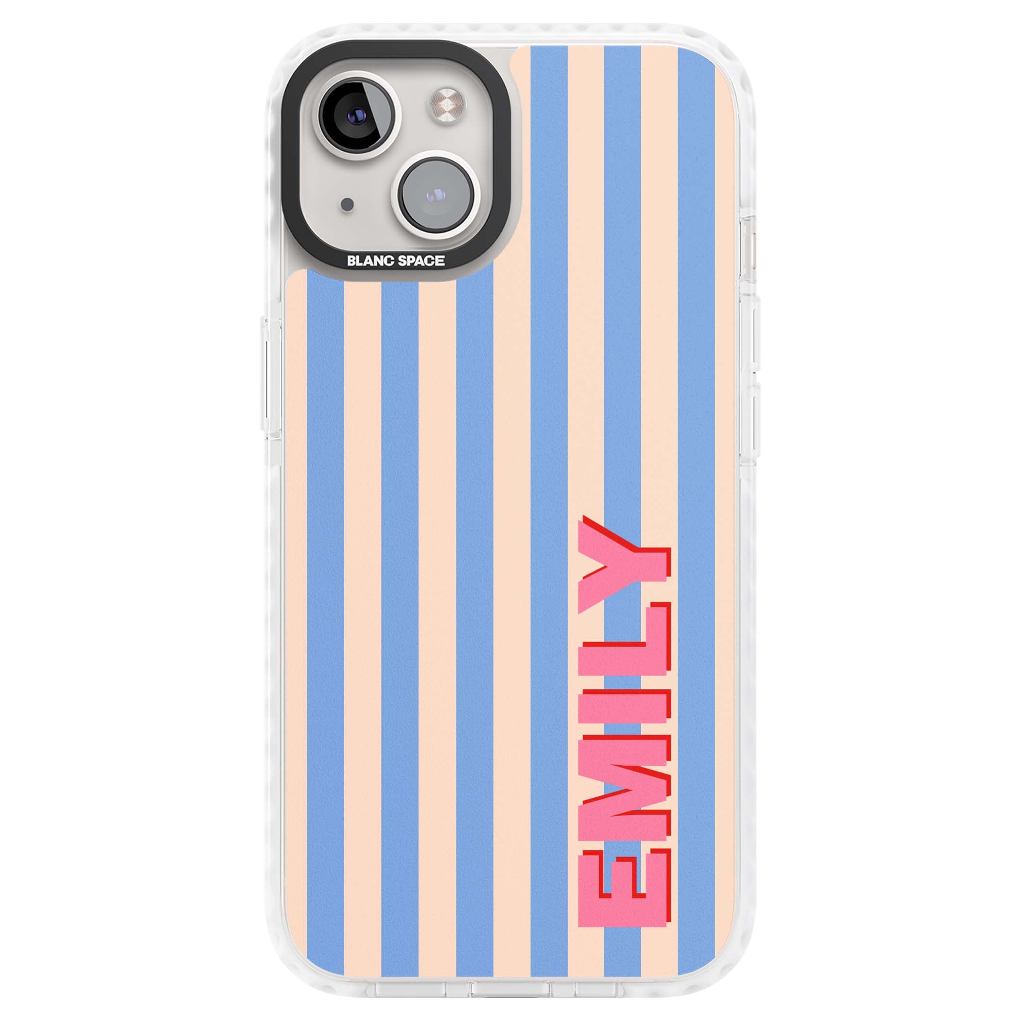 Coastal Stripe personalised coastal iPhone case with blue and peach vertical stripes and custom pink name | Clear Impact case for iPhone 13, iPhone 14, iPhone 15