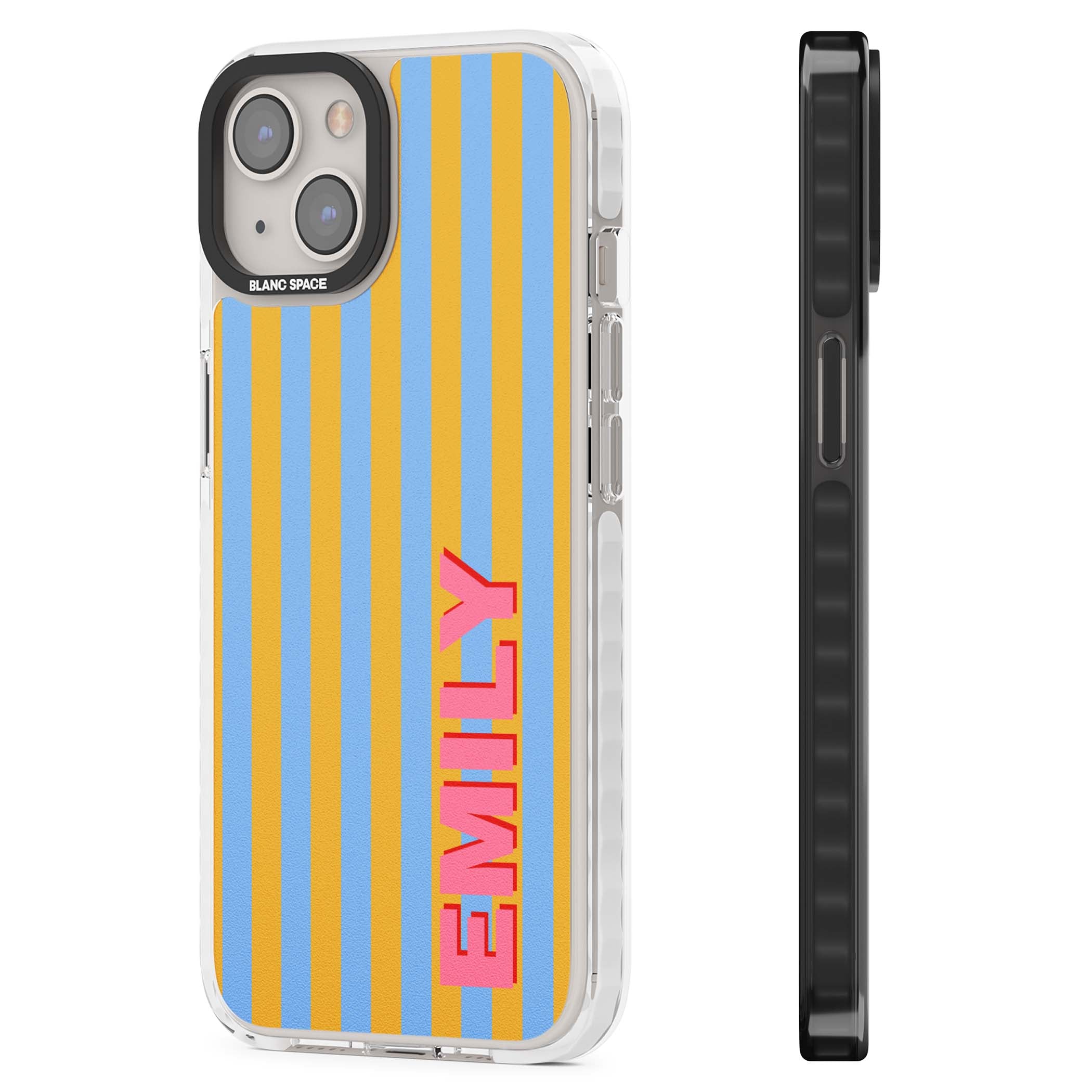 Carribean Stripe personalised coastal iPhone case with yellow and blue vertical stripes and a custom pink name | Clear Impact case for iPhone 13, iPhone 14, iPhone 15