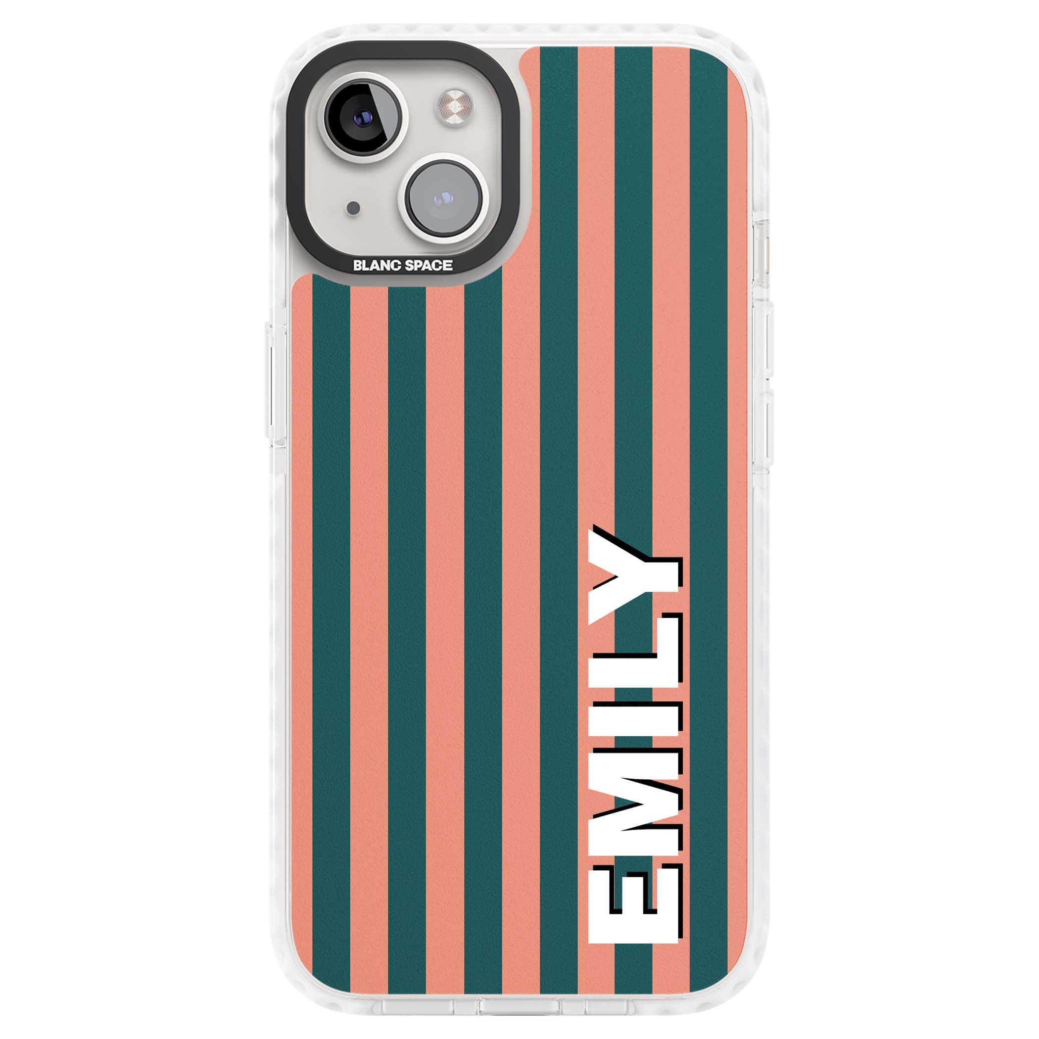 Tuscan Stripe personalised iPhone case featuring coral and green vertical stripes with bold custom name | Clear Impact case for iPhone 13, iPhone 14, iPhone 15