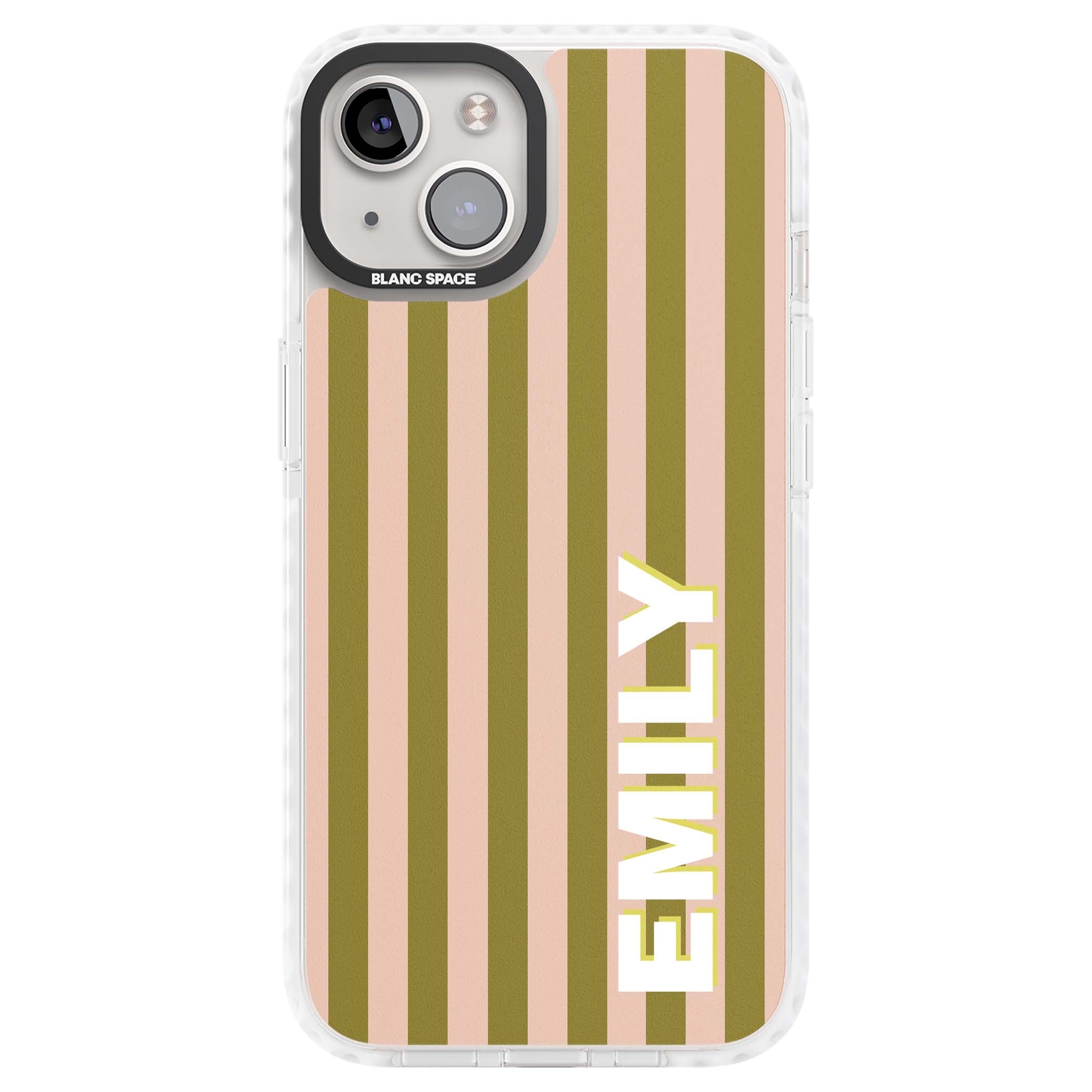 Indian Stripe personalised iPhone case featuring olive green and blush pink vertical stripes with custom name in whit | Clear Impact case for iPhone 13, iPhone 14, iPhone 15