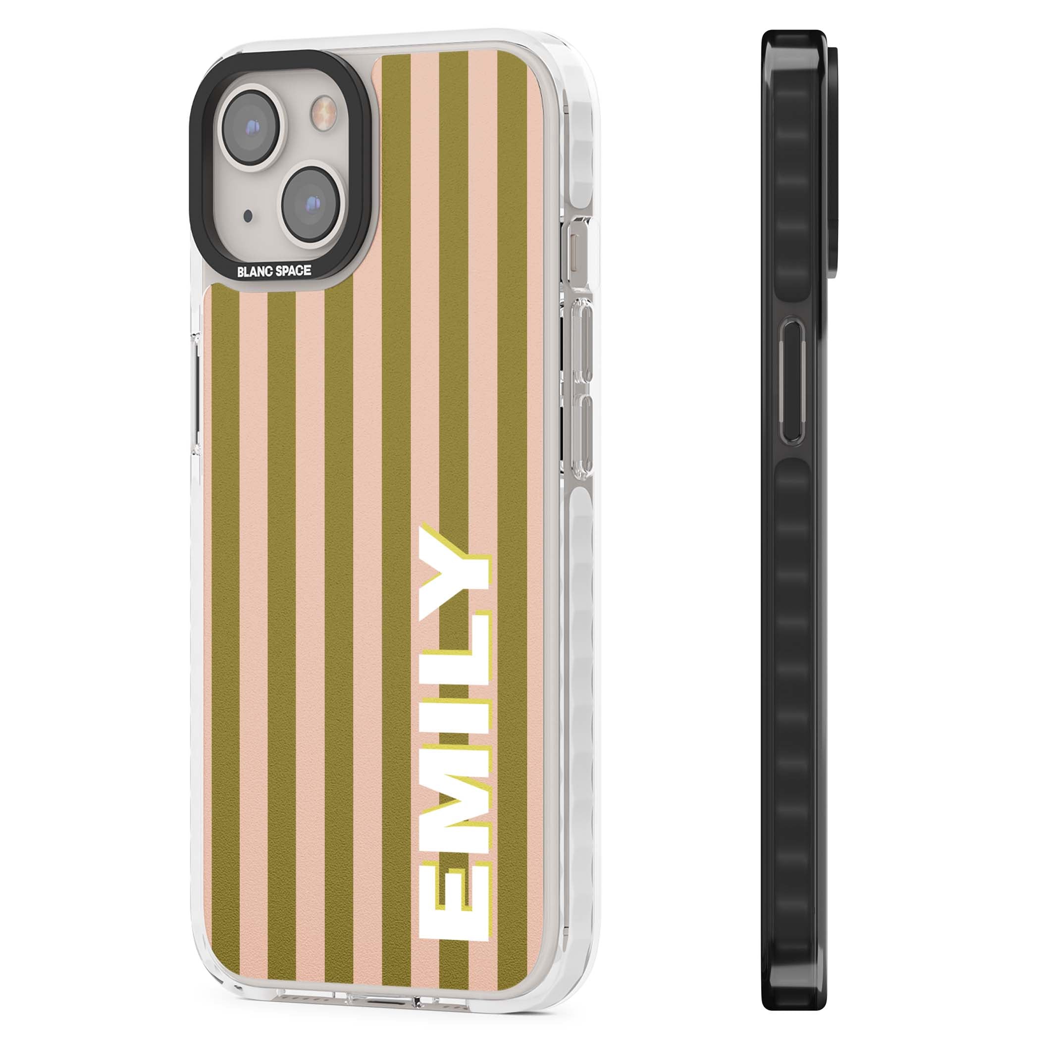 Indian Stripe personalised iPhone case featuring olive green and blush pink vertical stripes with custom name in whit | Clear Impact case for iPhone 13, iPhone 14, iPhone 15
