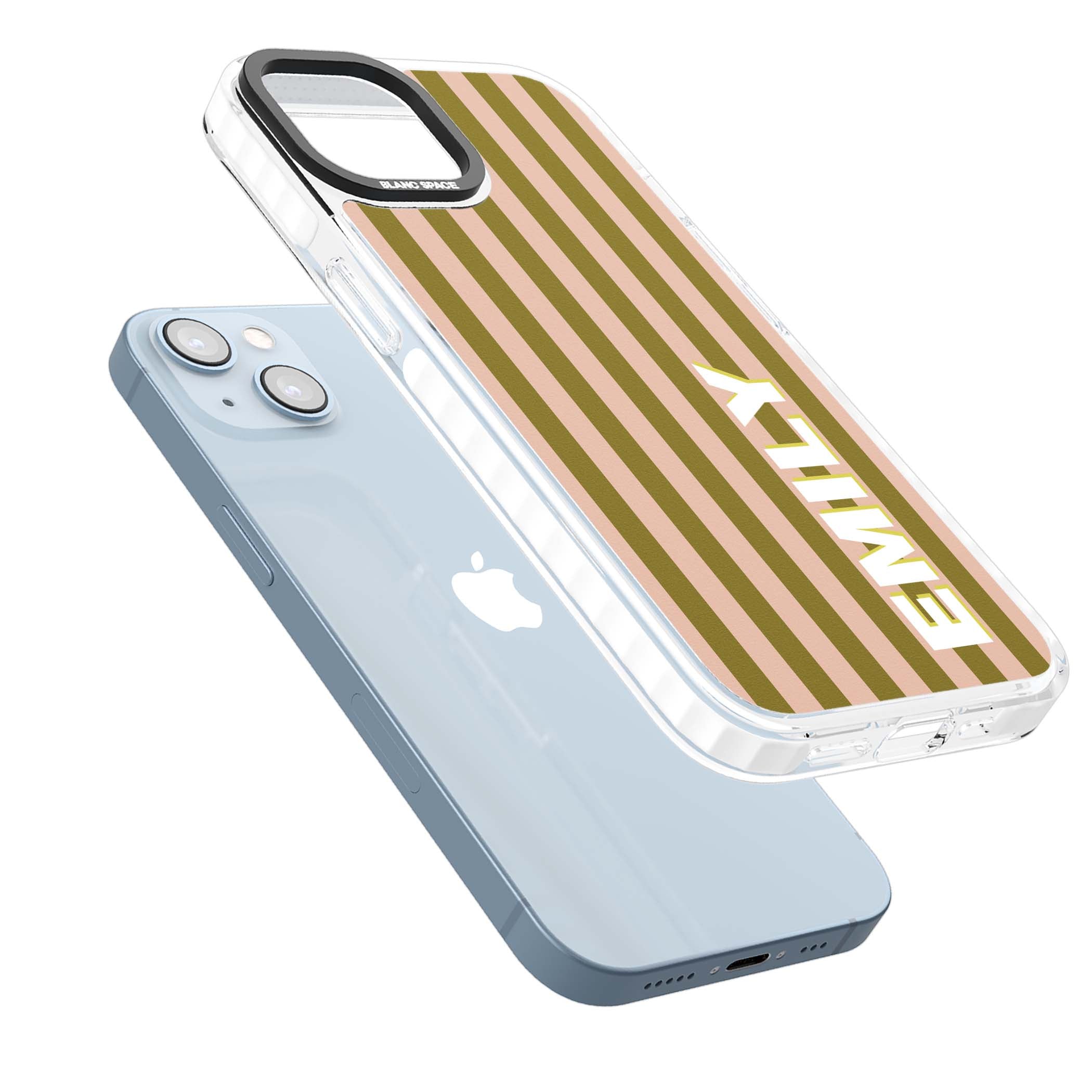 Indian Stripe personalised iPhone case featuring olive green and blush pink vertical stripes with custom name in whit | Clear Impact case for iPhone 13, iPhone 14, iPhone 15