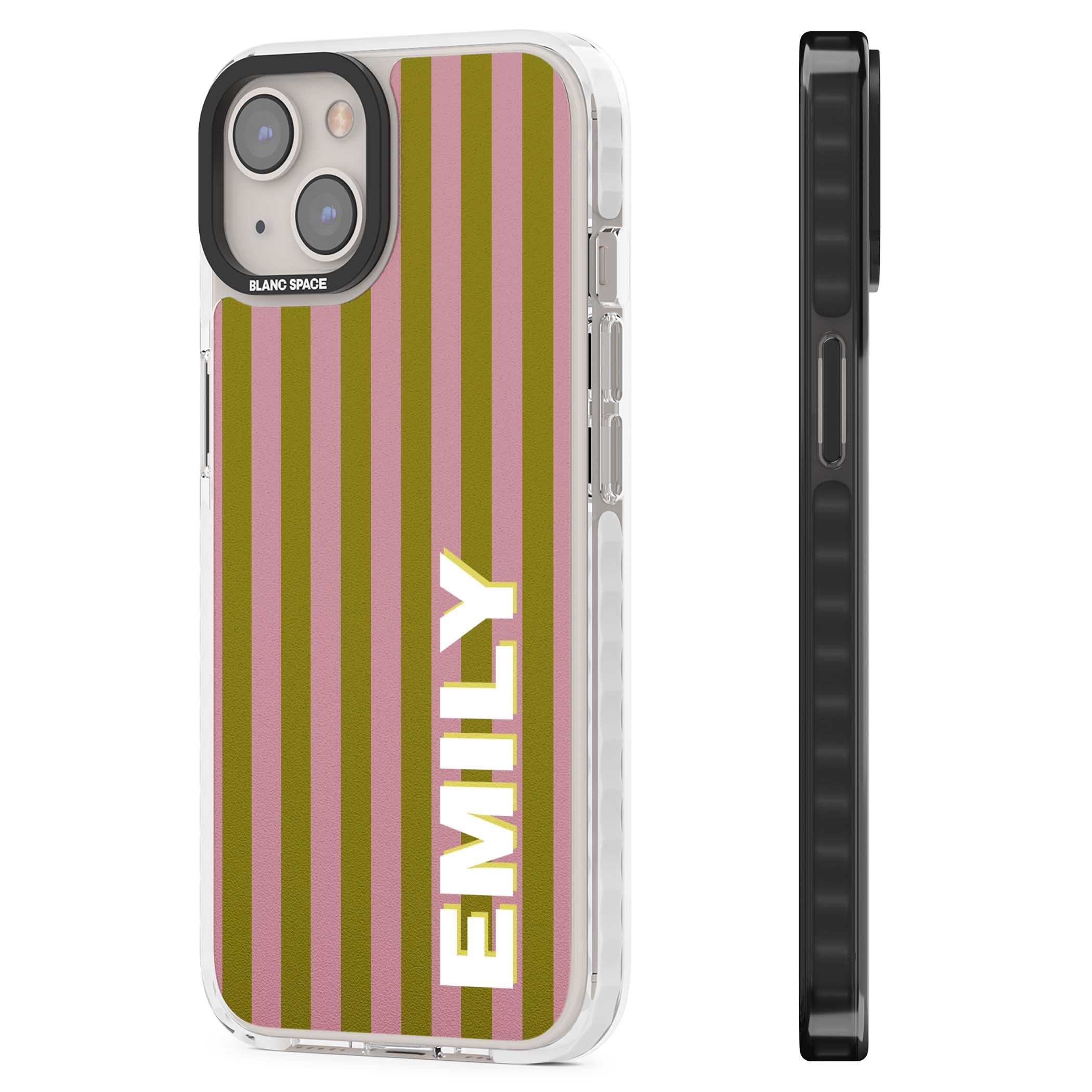 Istanbul Stripe personalised iPhone case featuring pink and olive green vertical stripes with a custom vertical name | Clear Impact case for iPhone 13, iPhone 14, iPhone 15