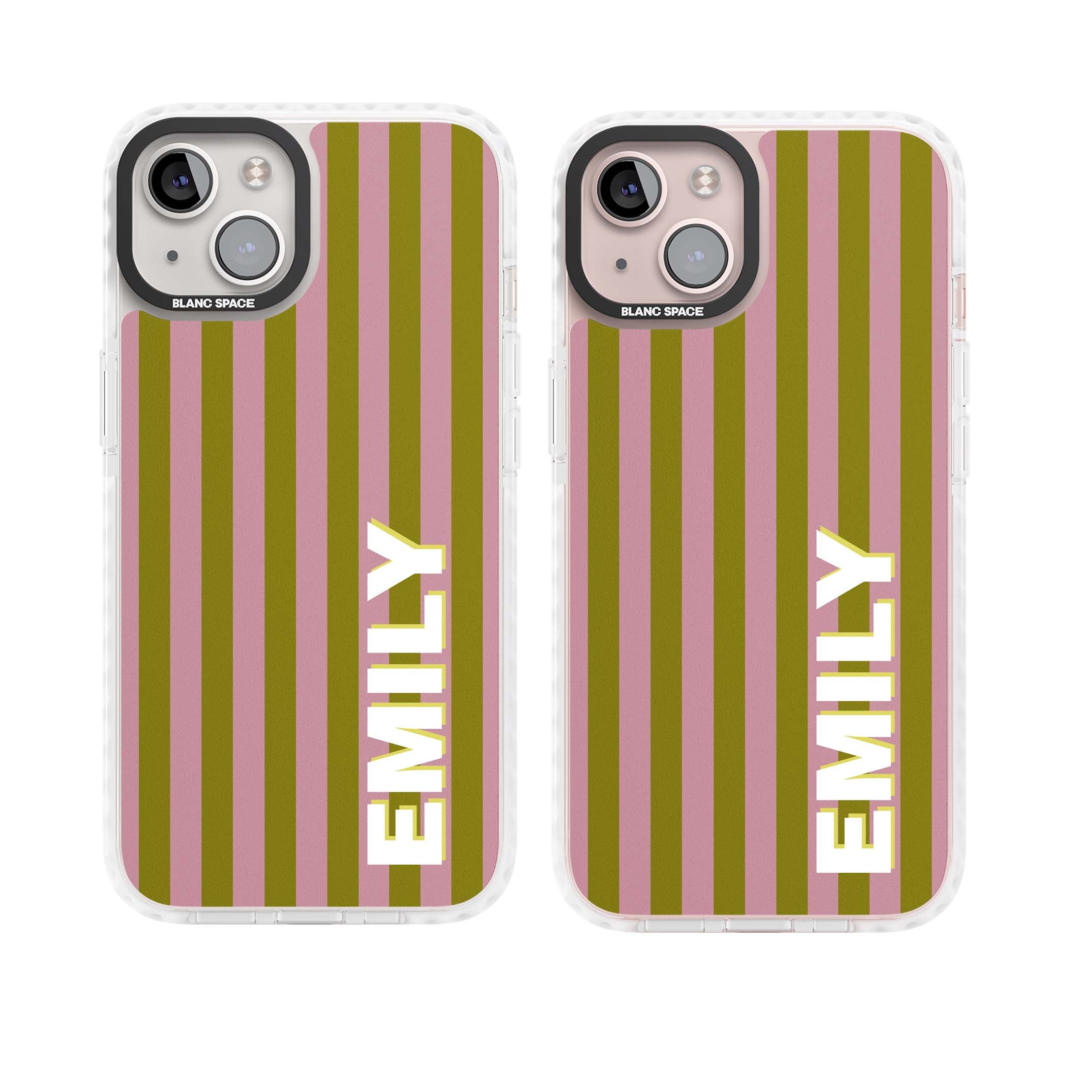 Istanbul Stripe personalised iPhone case featuring pink and olive green vertical stripes with a custom vertical name | Clear Impact case for iPhone 13, iPhone 14, iPhone 15