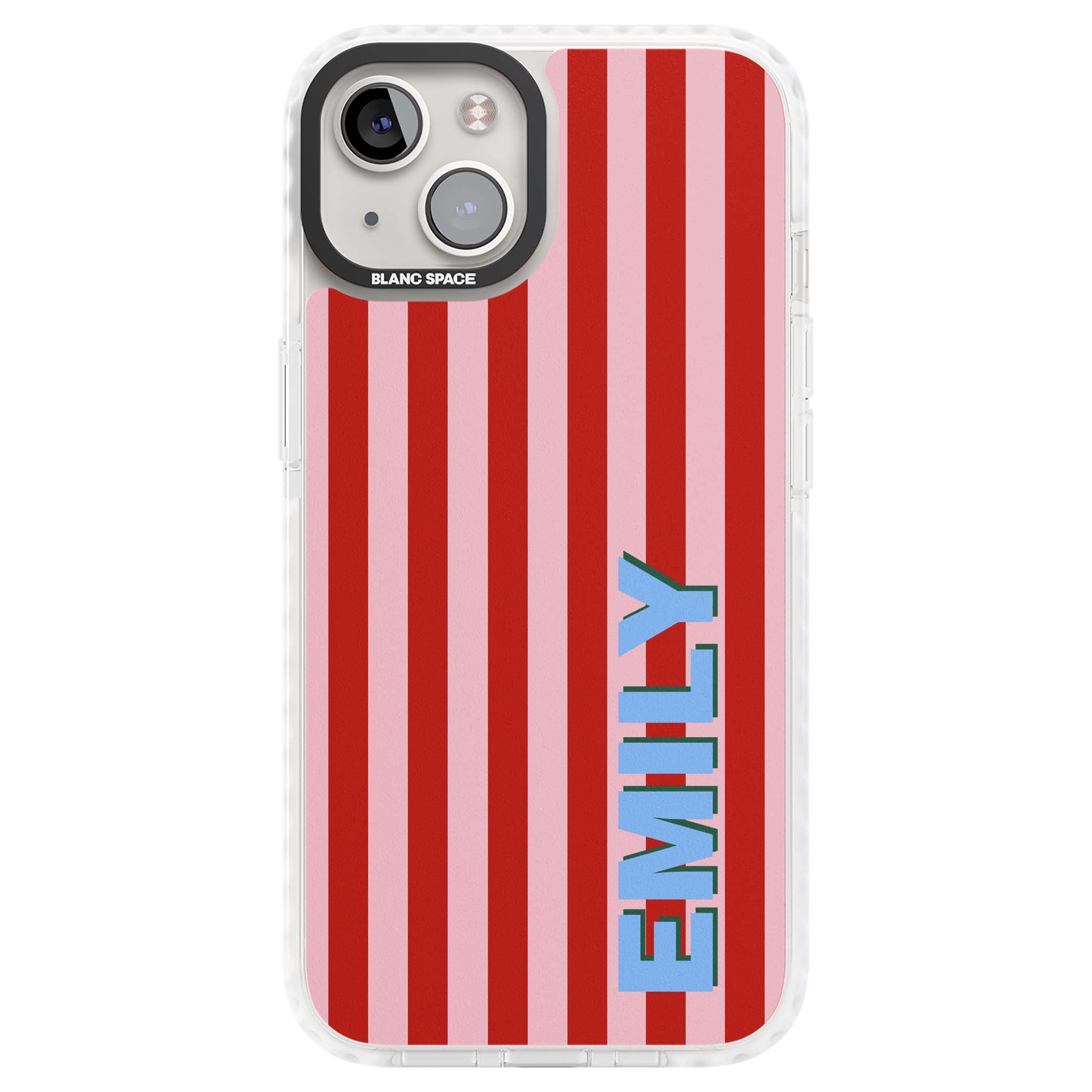 Market Stripe personalised iPhone case with red and pink vertical stripes and custom blue name | Clear Impact case for iPhone 13, iPhone 14, iPhone 15