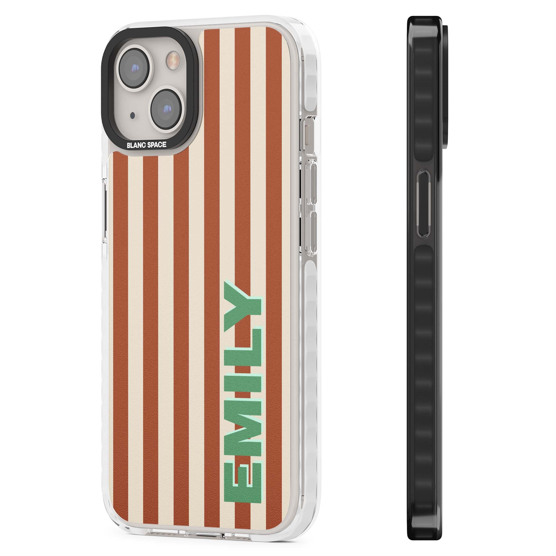 Dune Stripe personalised iPhone case with rust and cream vertical stripes and custom name in mint green | Clear Impact case for iPhone 13, iPhone 14, iPhone 15