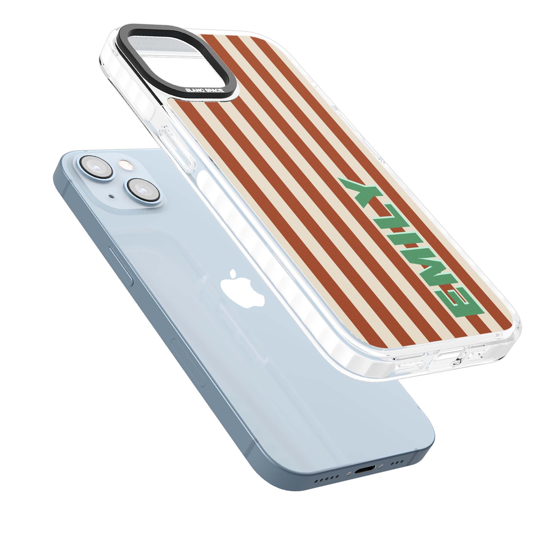 Dune Stripe personalised iPhone case with rust and cream vertical stripes and custom name in mint green | Clear Impact case for iPhone 13, iPhone 14, iPhone 15