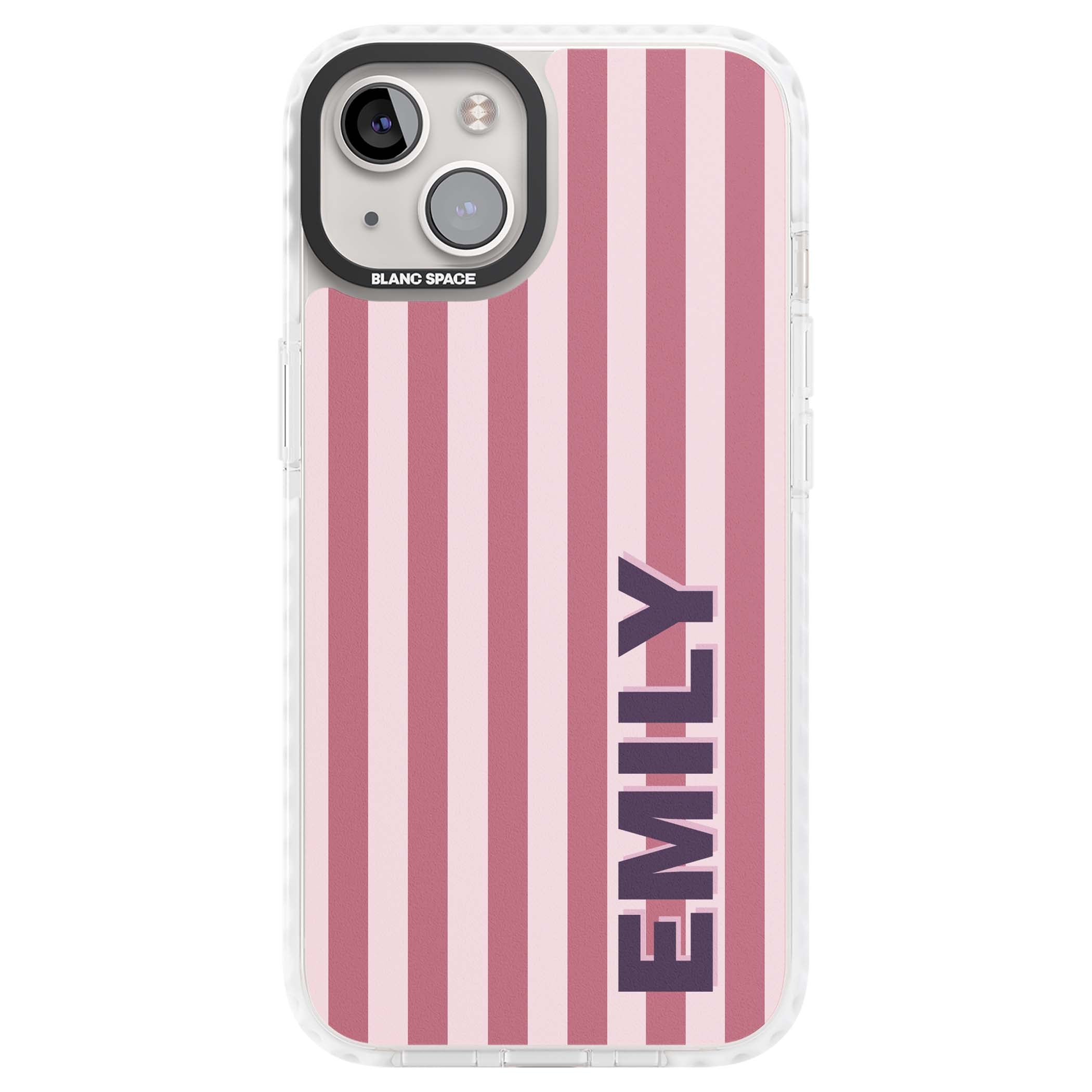 Victoria Stripe personalised iPhone case featuring pink vertical stripes and custom name in bold plum lettering | Clear Impact case for iPhone 13, iPhone 14, iPhone 15
