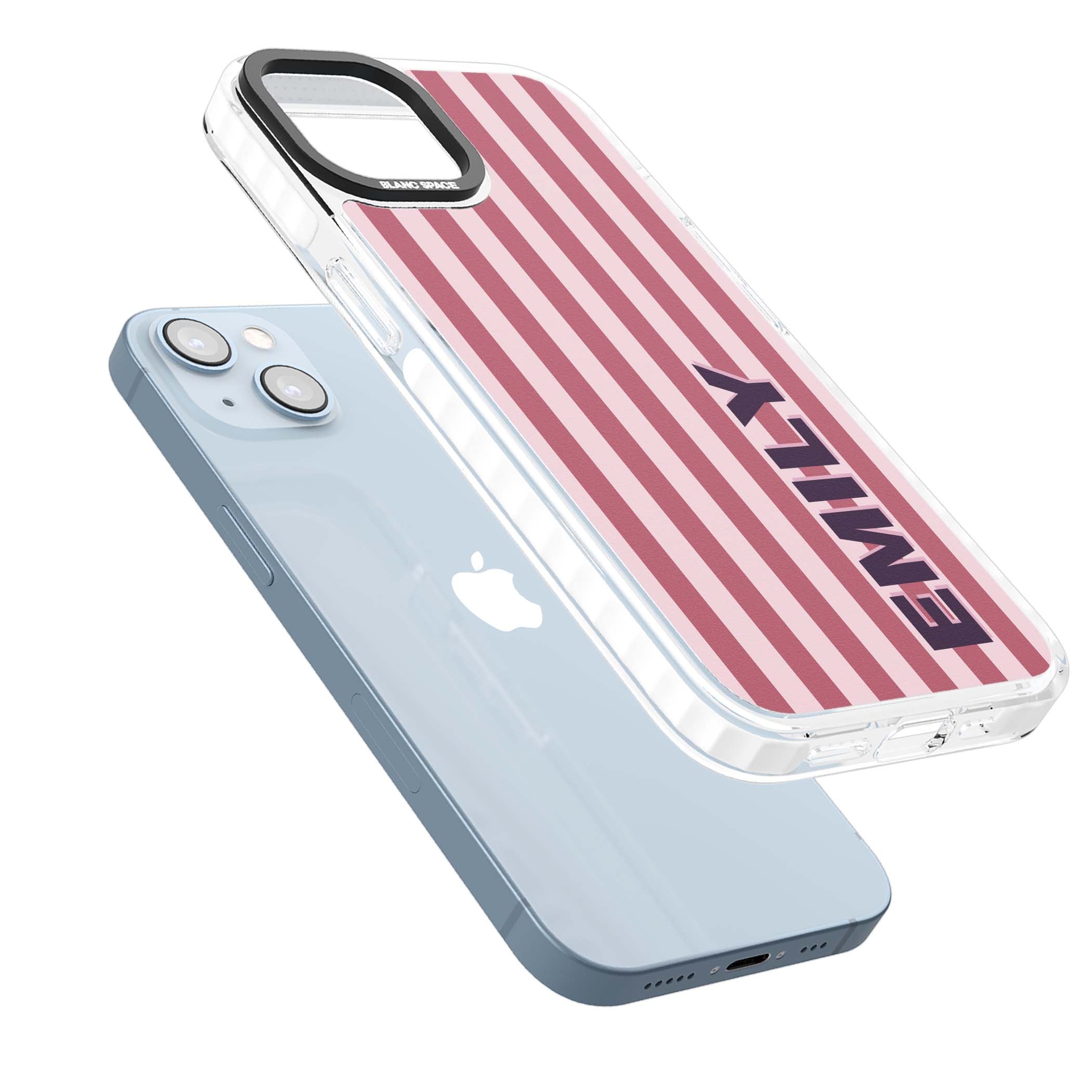 Victoria Stripe personalised iPhone case featuring pink vertical stripes and custom name in bold plum lettering | Clear Impact case for iPhone 13, iPhone 14, iPhone 15