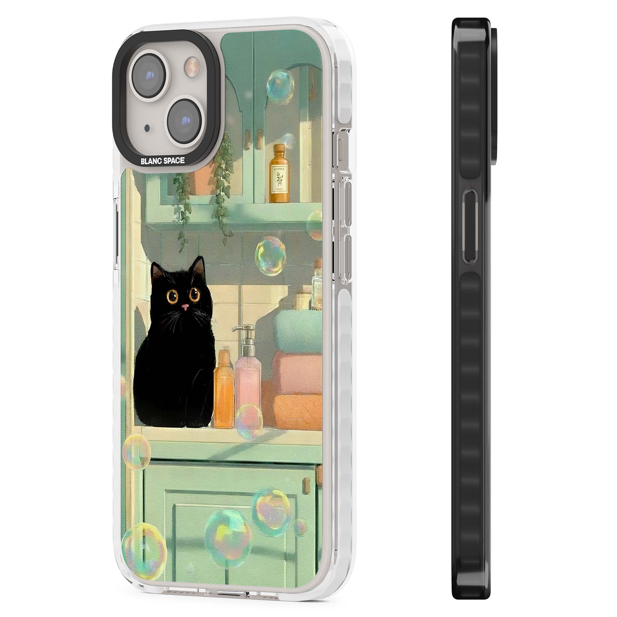 Bathroom Bubble Kitty cottagecore iPhone case featuring a black cat, mint bathroom scene and floating soap bubbles | Clear Impact case for iPhone 13, iPhone 14, iPhone 15