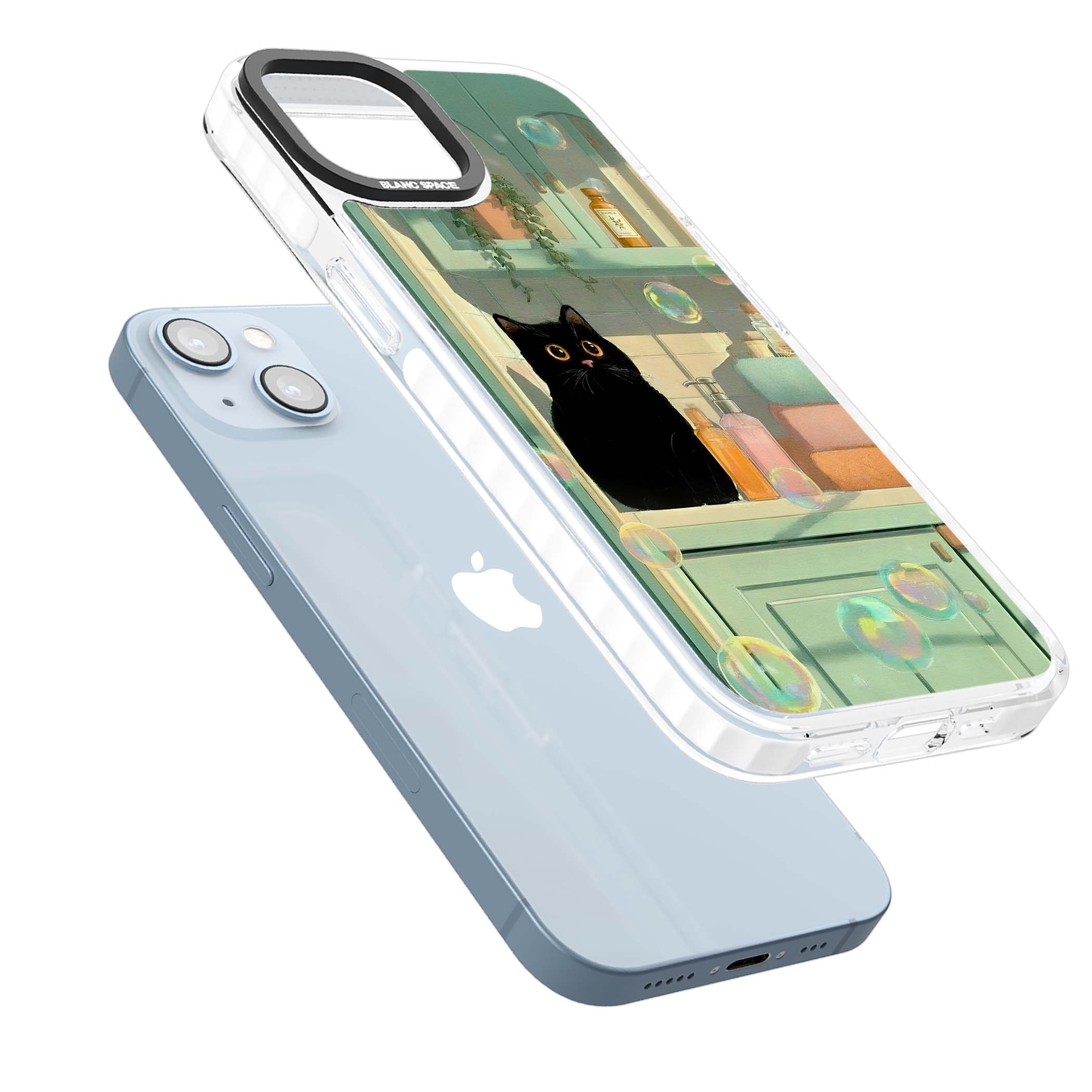 Bathroom Bubble Kitty cottagecore iPhone case featuring a black cat, mint bathroom scene and floating soap bubbles | Clear Impact case for iPhone 13, iPhone 14, iPhone 15