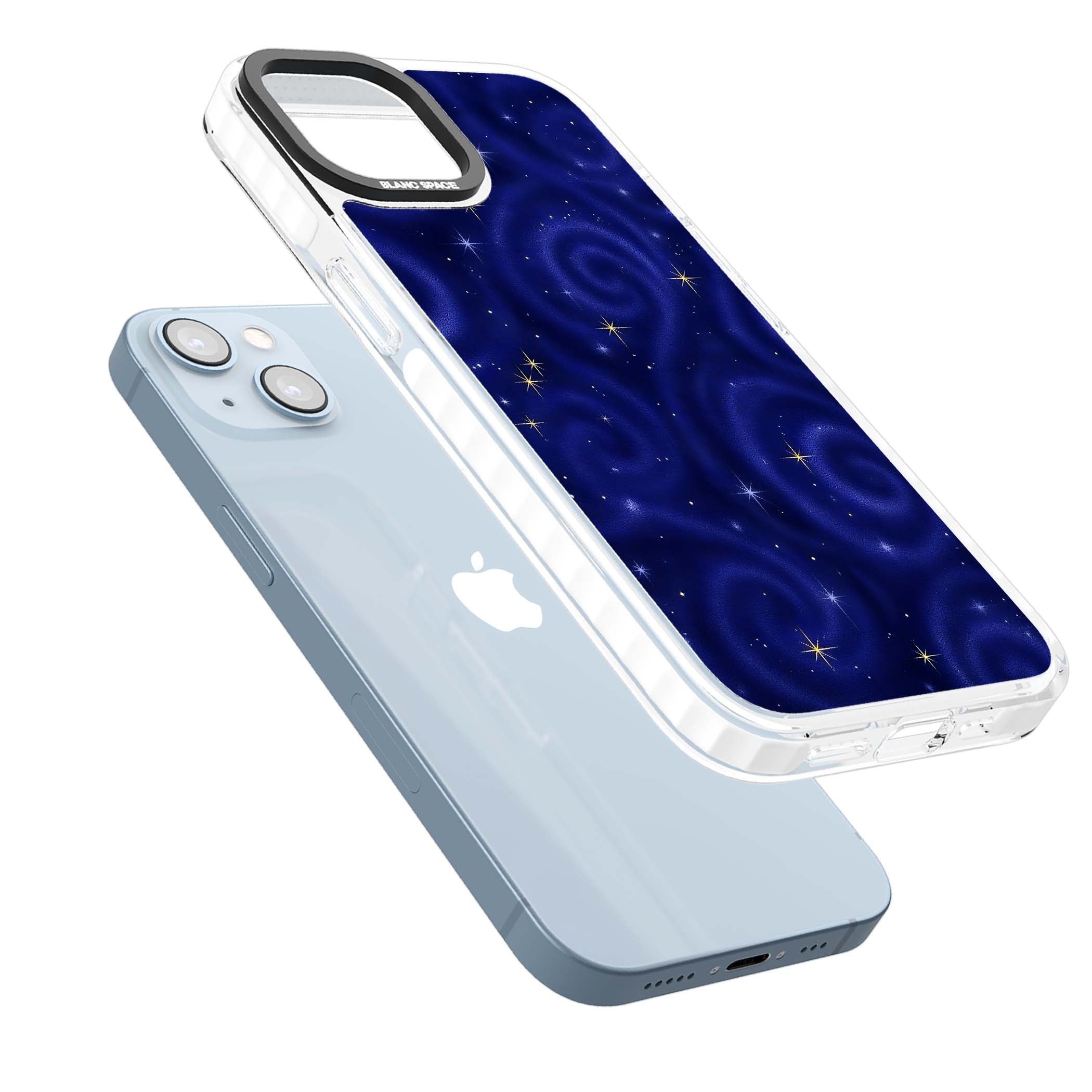 Indigo Cosmos celestial iPhone case featuring swirling navy night sky and sparkling golden stars | Clear Impact case for iPhone 13, iPhone 14, iPhone 15