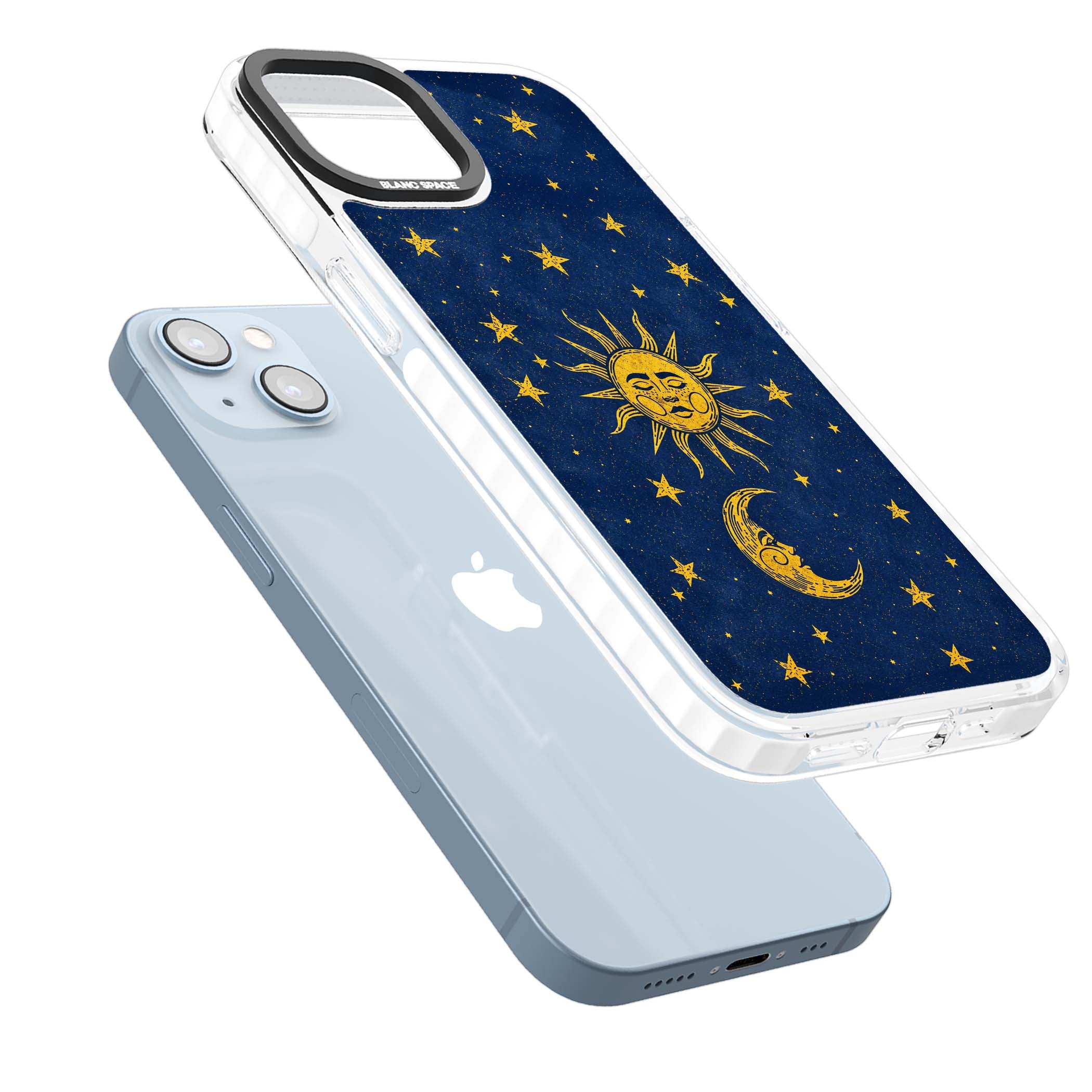 Sun & Moon Reverie celestial iPhone case featuring a vintage golden sun, crescent moon and scattered stars on midnight blue | Clear Impact case for iPhone 13, iPhone 14, iPhone 15