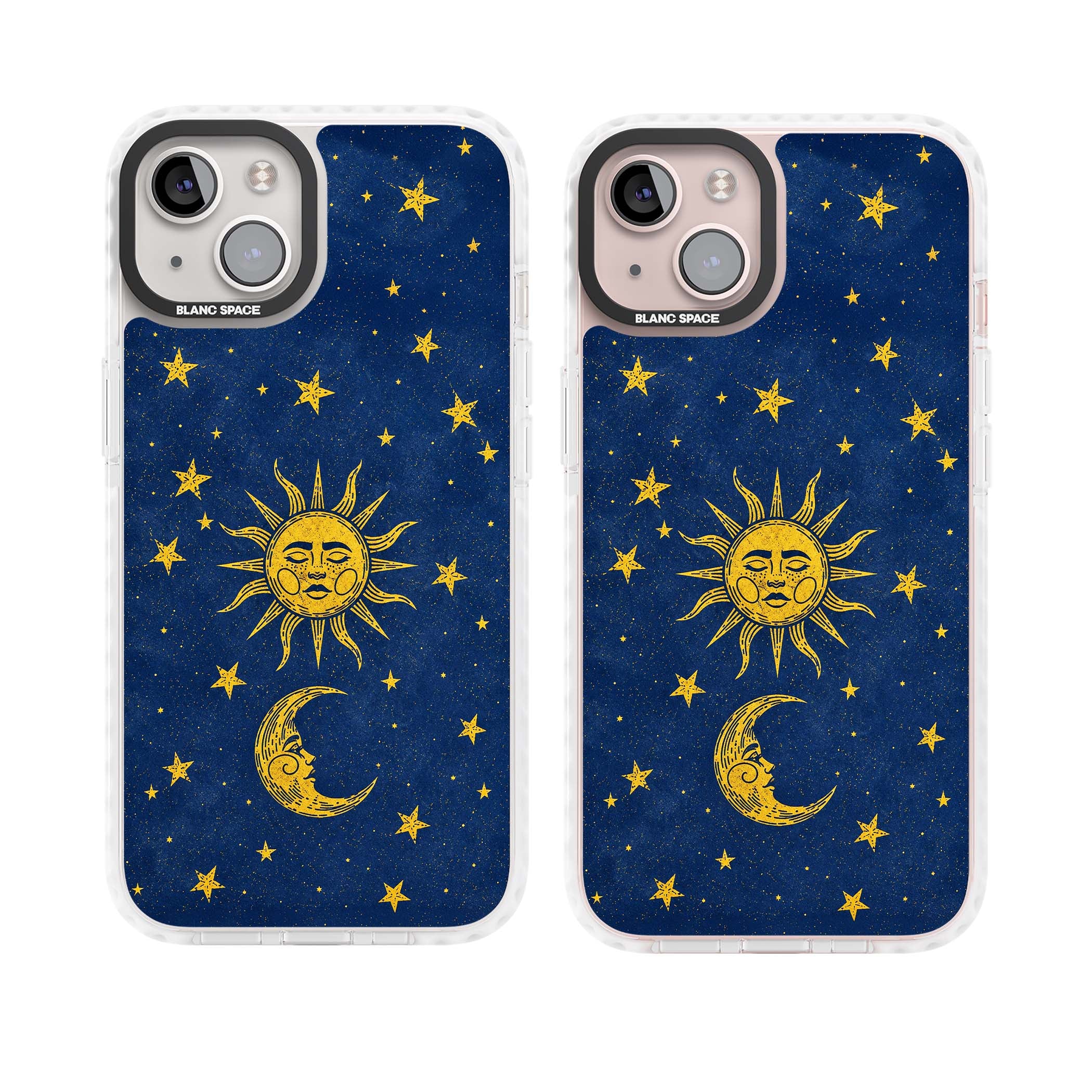 Sun & Moon Reverie celestial iPhone case featuring a vintage golden sun, crescent moon and scattered stars on midnight blue | Clear Impact case for iPhone 13, iPhone 14, iPhone 15