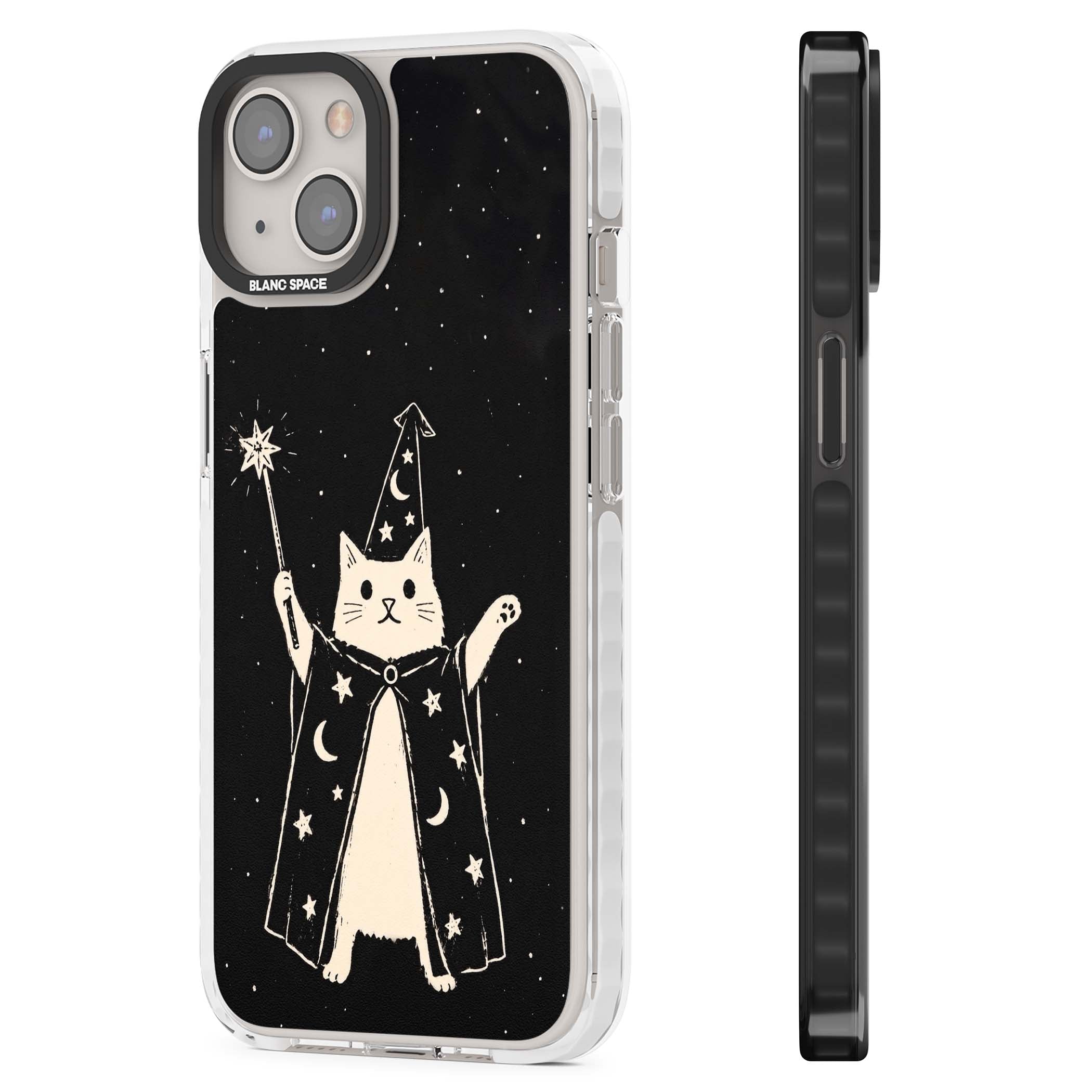 Whisker Wizard celestial cat iPhone case featuring a wizard cat with magic wand, starry night sky and crescent moons | Clear Impact case for iPhone 13, iPhone 14, iPhone 15
