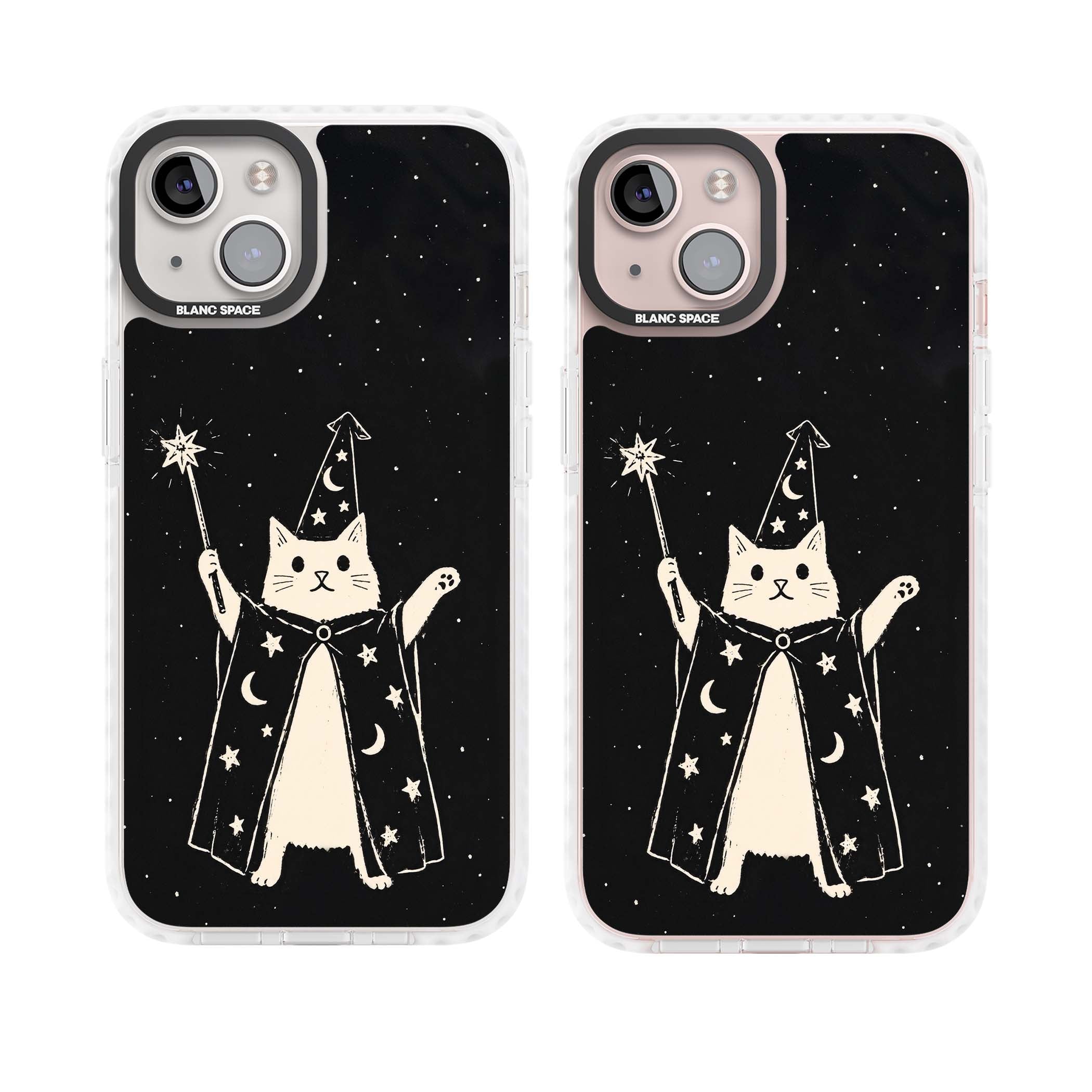 Whisker Wizard celestial cat iPhone case featuring a wizard cat with magic wand, starry night sky and crescent moons | Clear Impact case for iPhone 13, iPhone 14, iPhone 15
