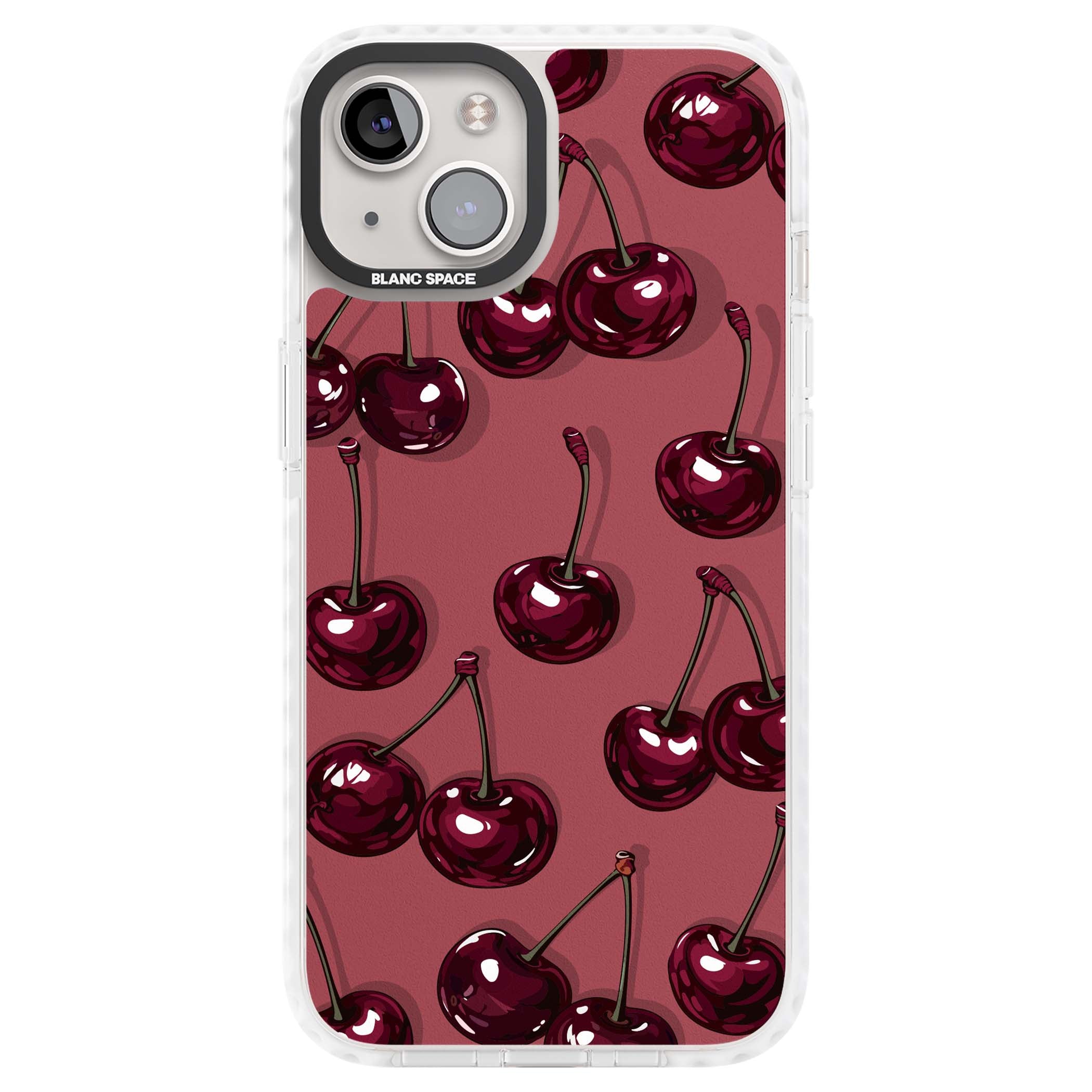 Cherry Rebel coquette iPhone case featuring glossy burgundy cherries on a dusty rose background | Clear Impact case for iPhone 13, iPhone 14, iPhone 15