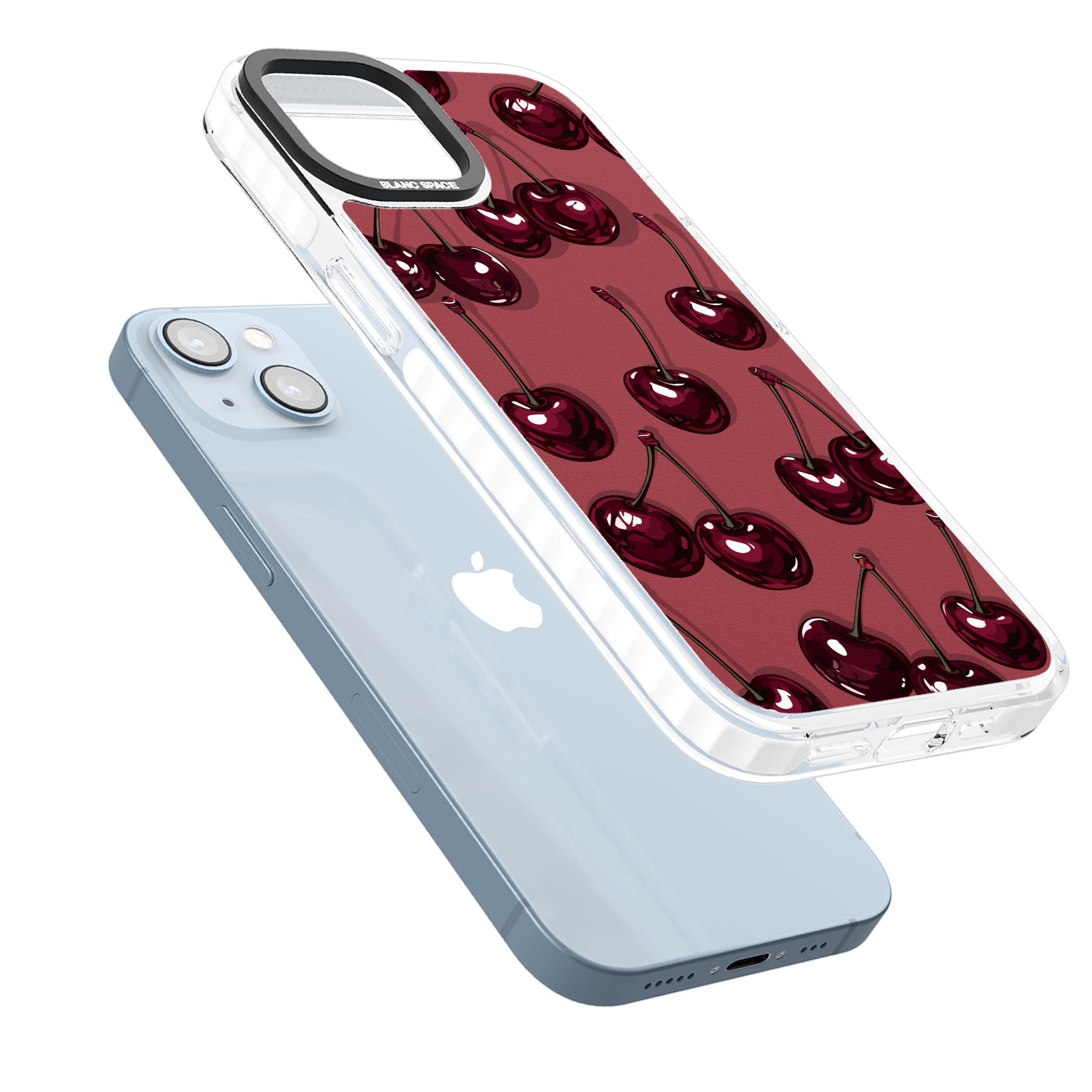 Cherry Rebel coquette iPhone case featuring glossy burgundy cherries on a dusty rose background | Clear Impact case for iPhone 13, iPhone 14, iPhone 15