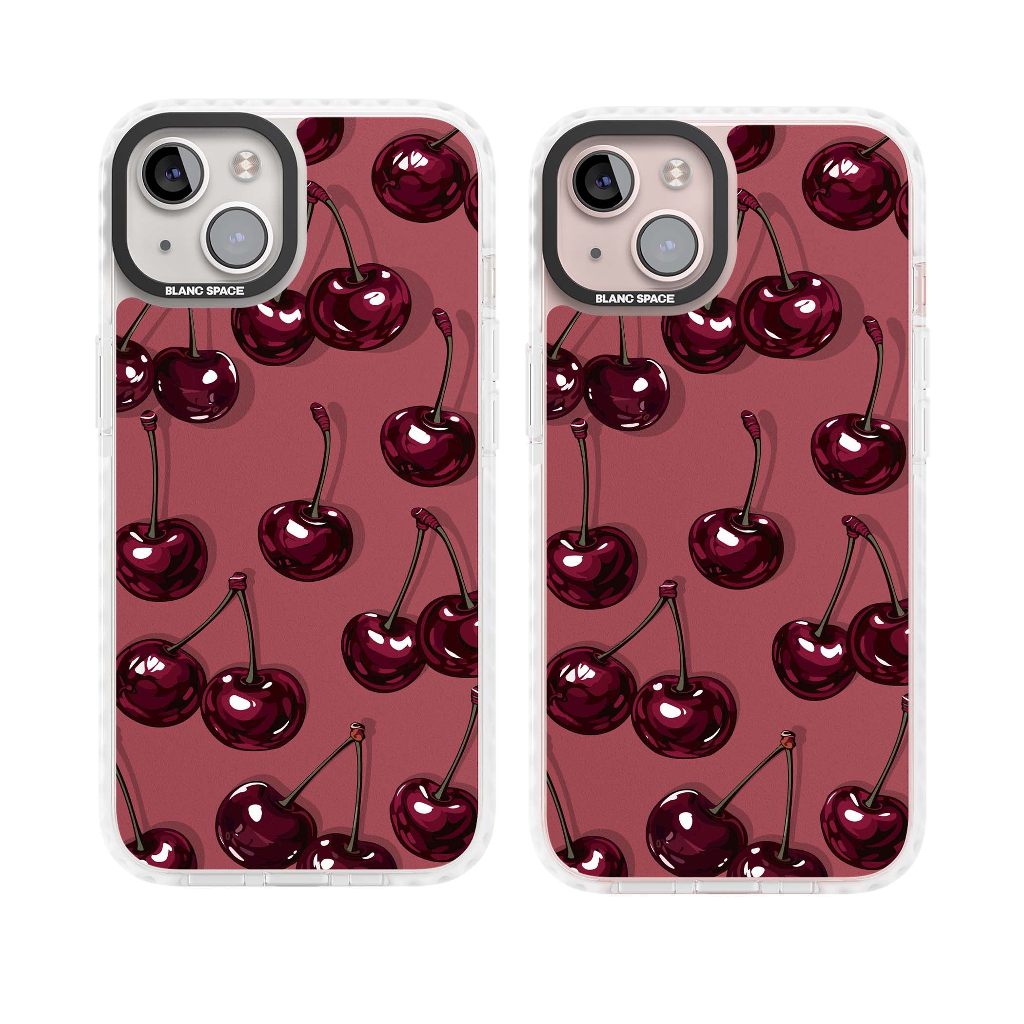 Cherry Rebel coquette iPhone case featuring glossy burgundy cherries on a dusty rose background | Clear Impact case for iPhone 13, iPhone 14, iPhone 15