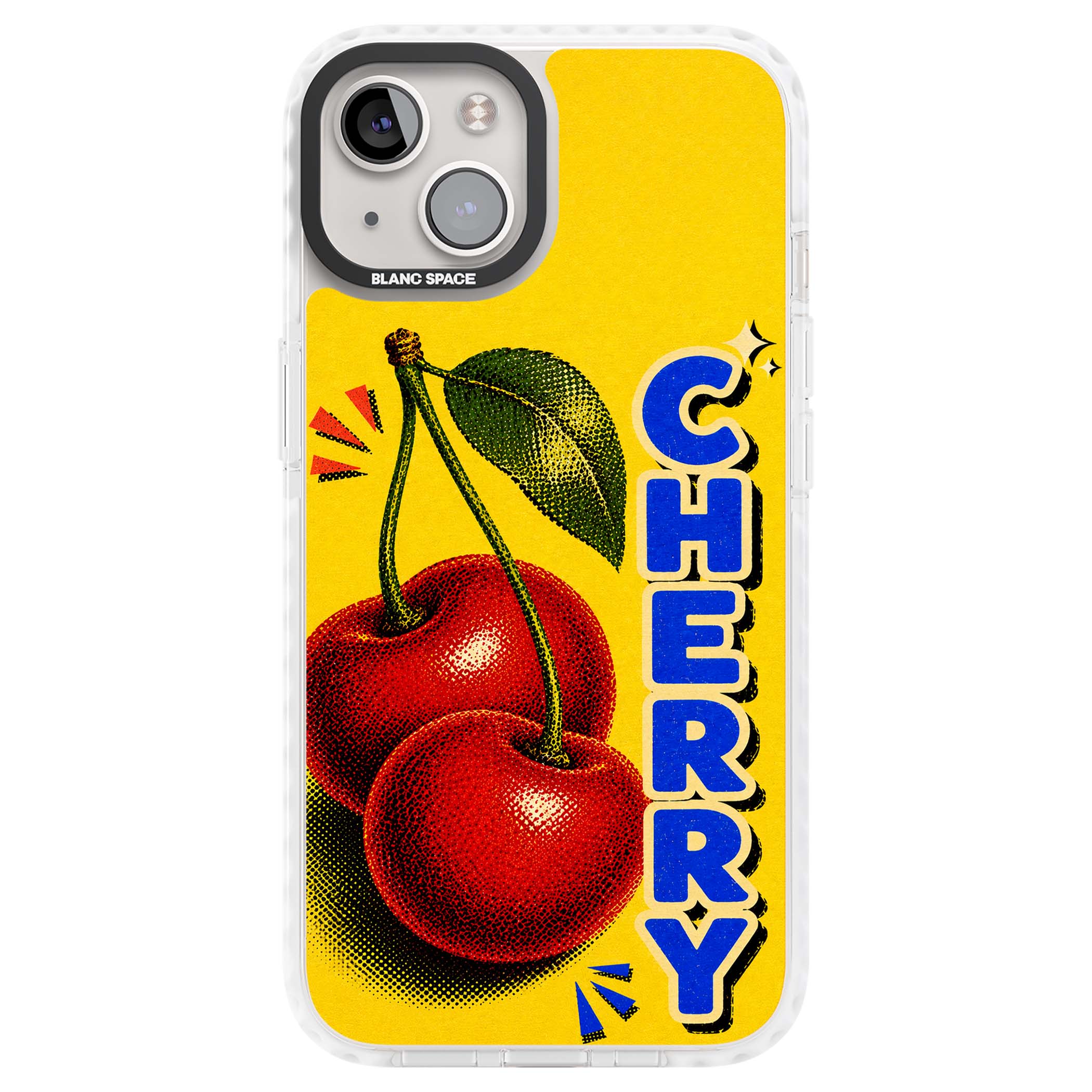 Cherry Yellow y2k iPhone case featuring two red cherries, halftone shading and bold blue CHERRY lettering on yellow | Clear Impact case for iPhone 13, iPhone 14, iPhone 15