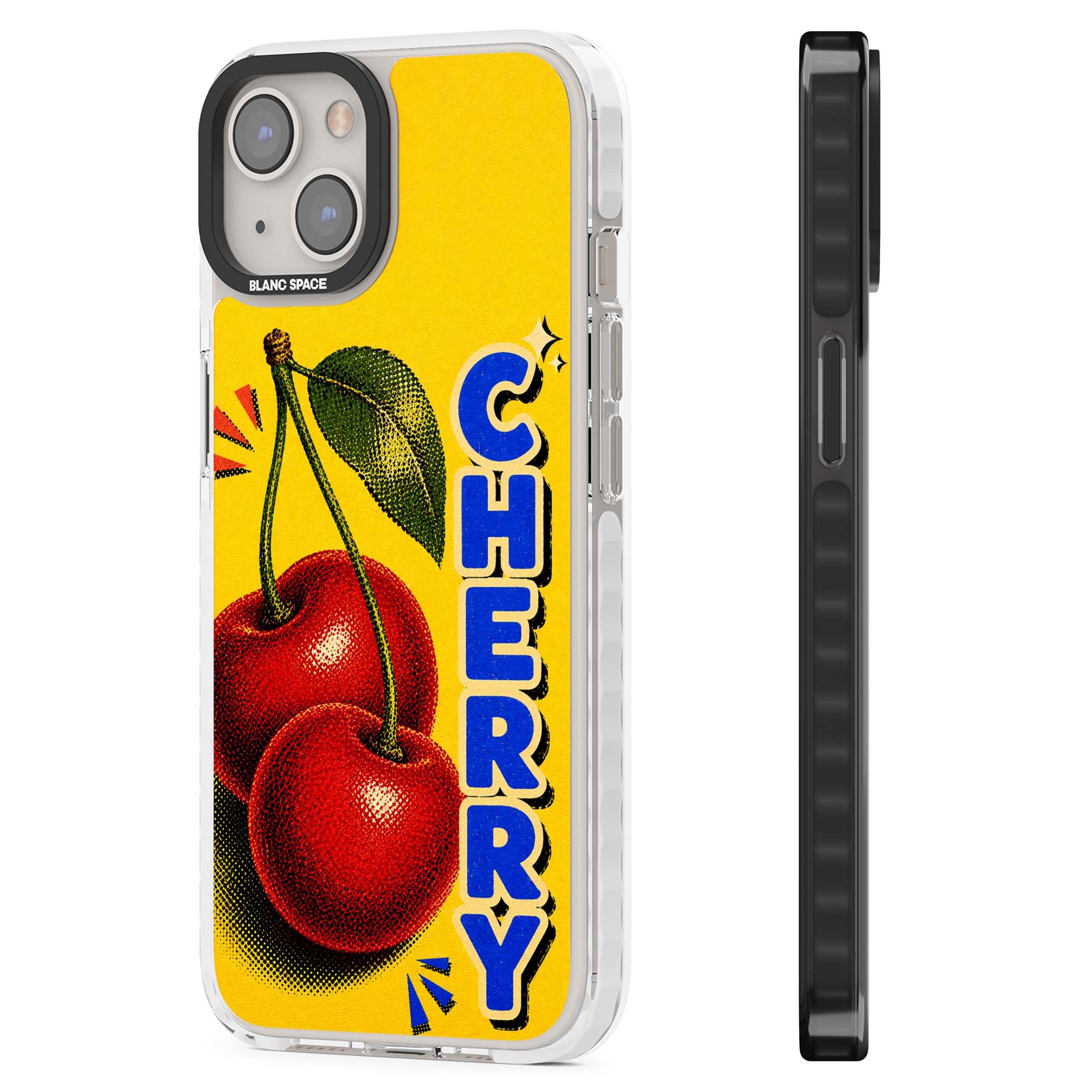 Cherry Yellow y2k iPhone case featuring two red cherries, halftone shading and bold blue CHERRY lettering on yellow | Clear Impact case for iPhone 13, iPhone 14, iPhone 15