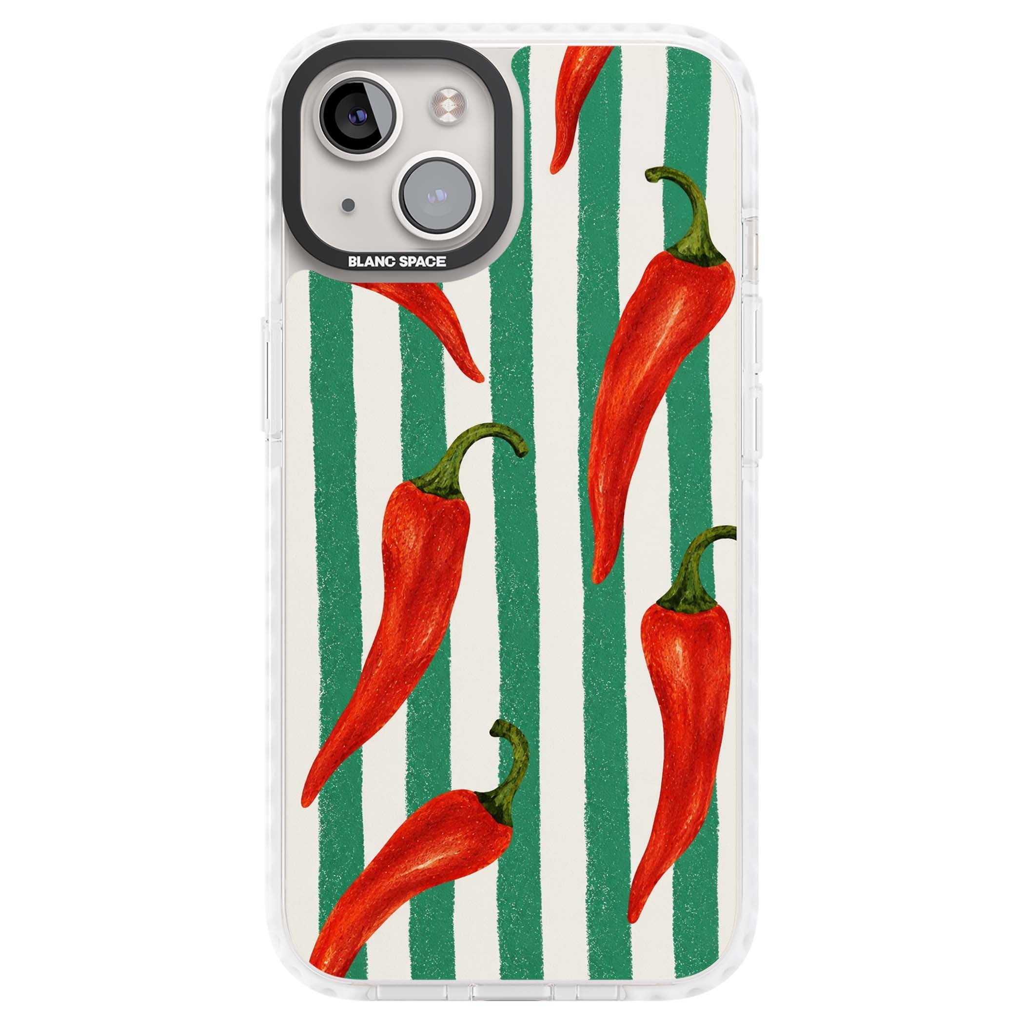 Striped Chillis coastal iPhone case featuring hand-painted red chili peppers on green and cream stripes | Clear Impact case for iPhone 13, iPhone 14, iPhone 15