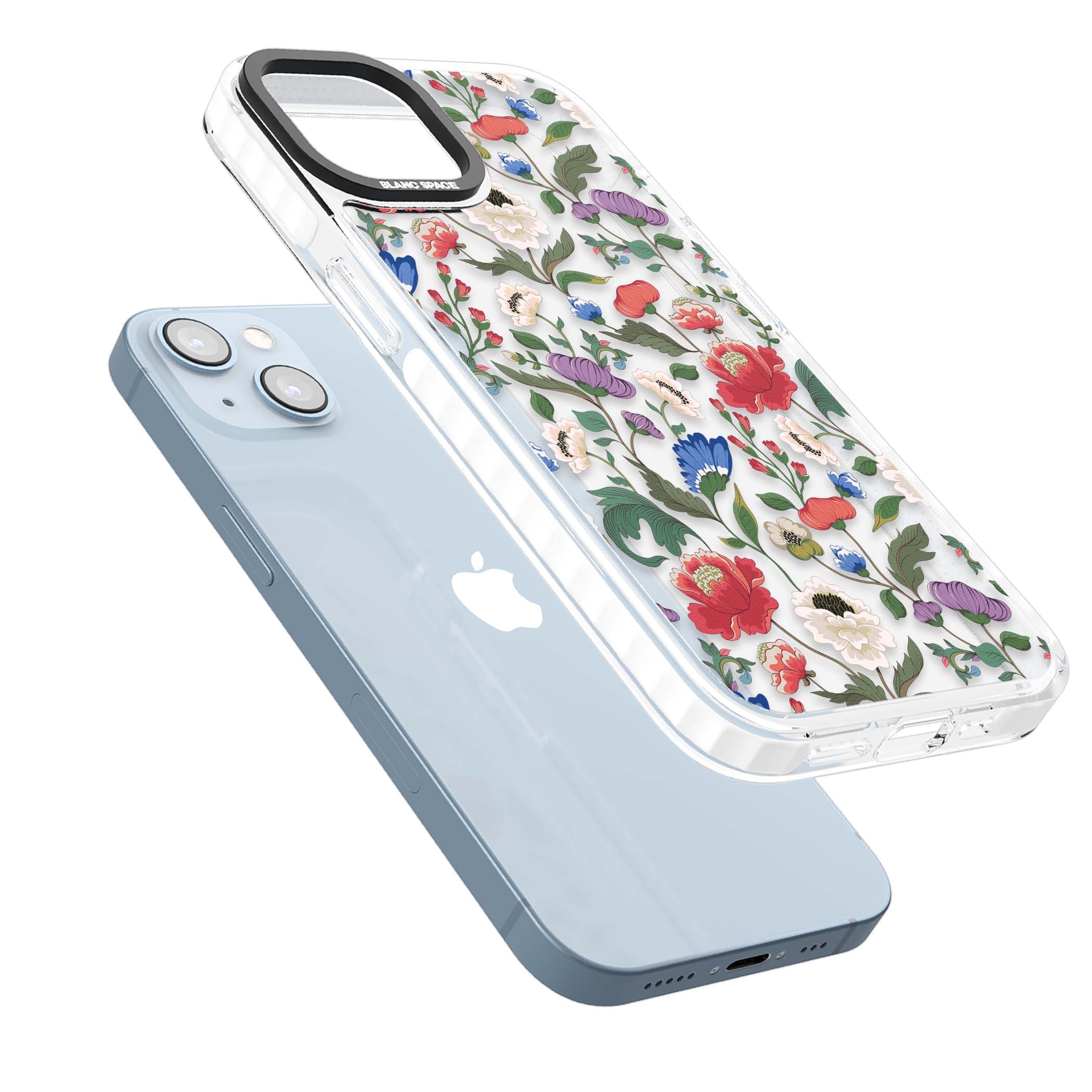 Chinoiserie Bloom vintage floral iPhone case featuring hand-painted peonies, poppies and trailing wildflowers on clear... | Clear Impact case for iPhone 13, iPhone 14, iPhone 15
