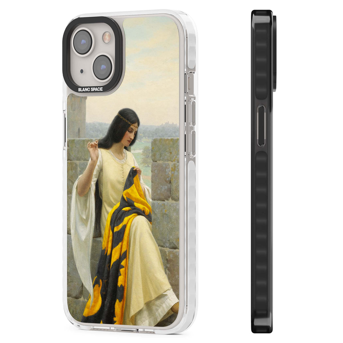 Stitching the Standard renaissance art iPhone case featuring a medieval lady sewing a golden banner on a castle wall | Clear Impact case for iPhone 13, iPhone 14, iPhone 15