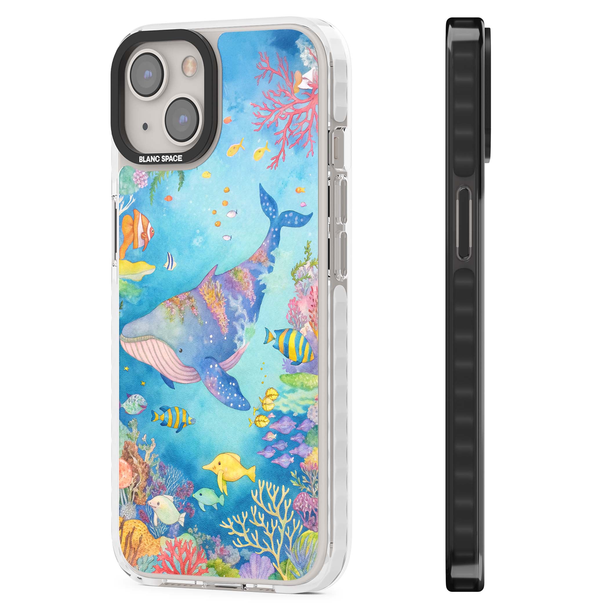 Coral Lagoon ocean iPhone case featuring a watercolour whale, coral reef and tropical fish | Clear Impact case for iPhone 13, iPhone 14, iPhone 15