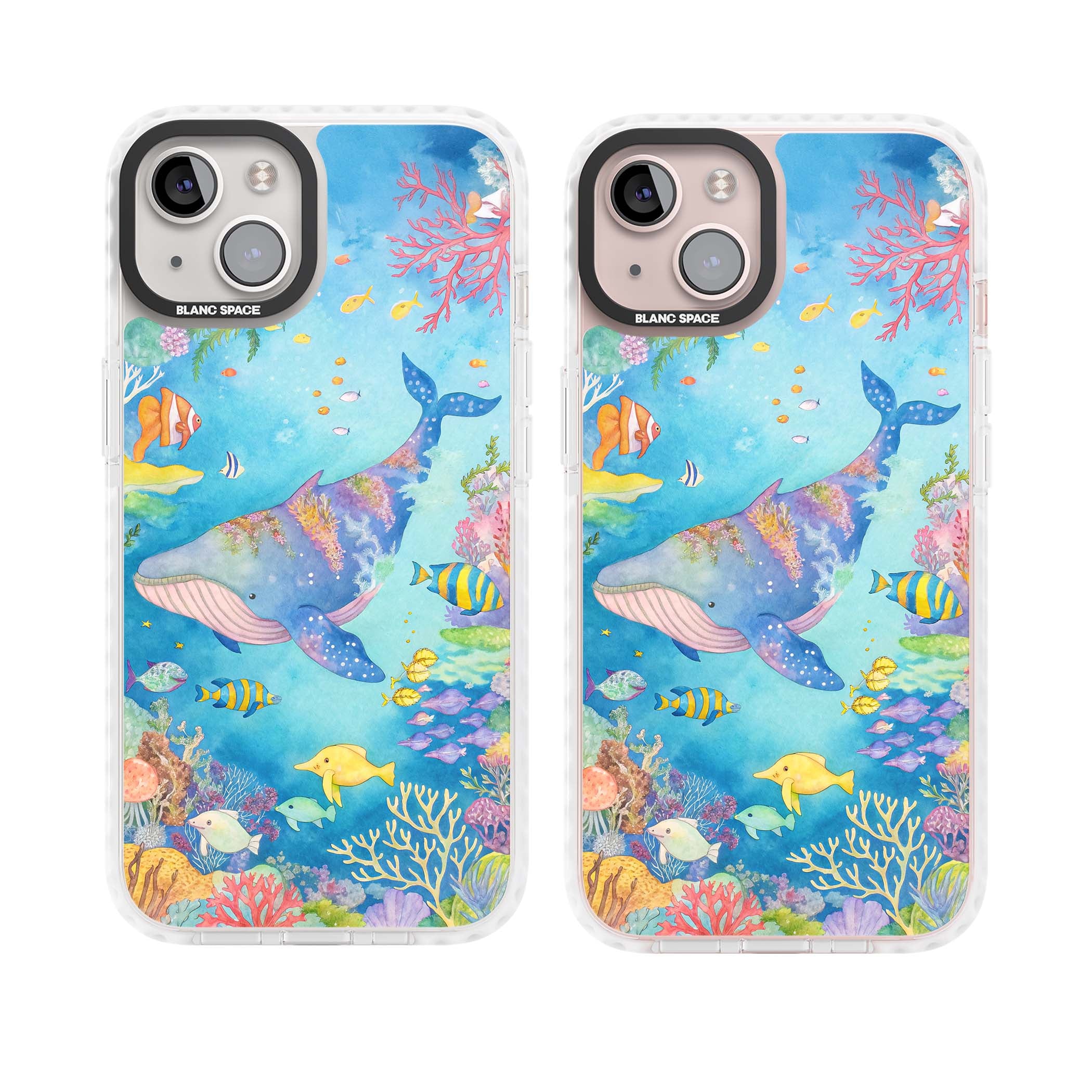 Coral Lagoon ocean iPhone case featuring a watercolour whale, coral reef and tropical fish | Clear Impact case for iPhone 13, iPhone 14, iPhone 15