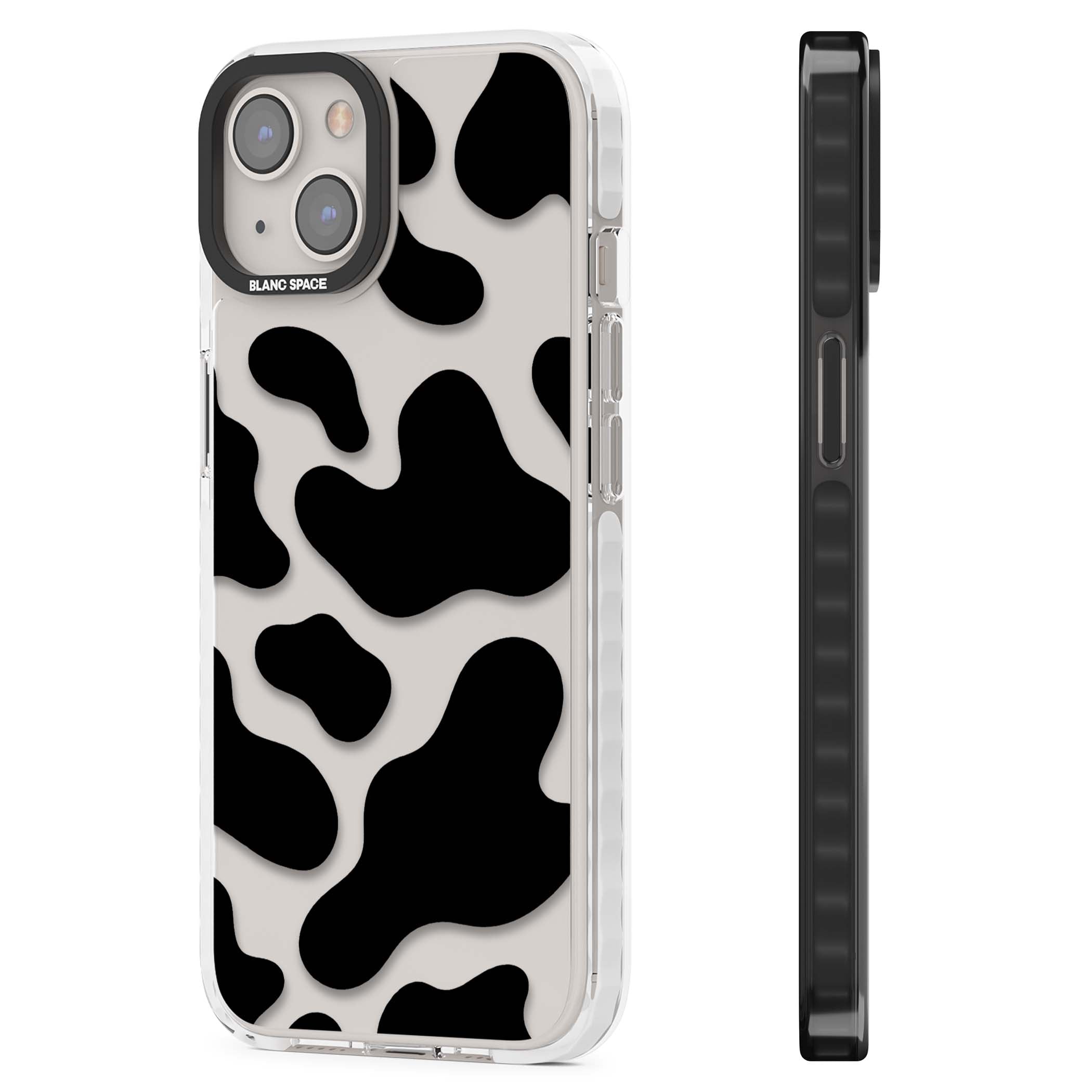 Clear Cow Print cow print iPhone case featuring black and white cow pattern splotches on a clear background | Clear Impact case for iPhone 13, iPhone 14, iPhone 15