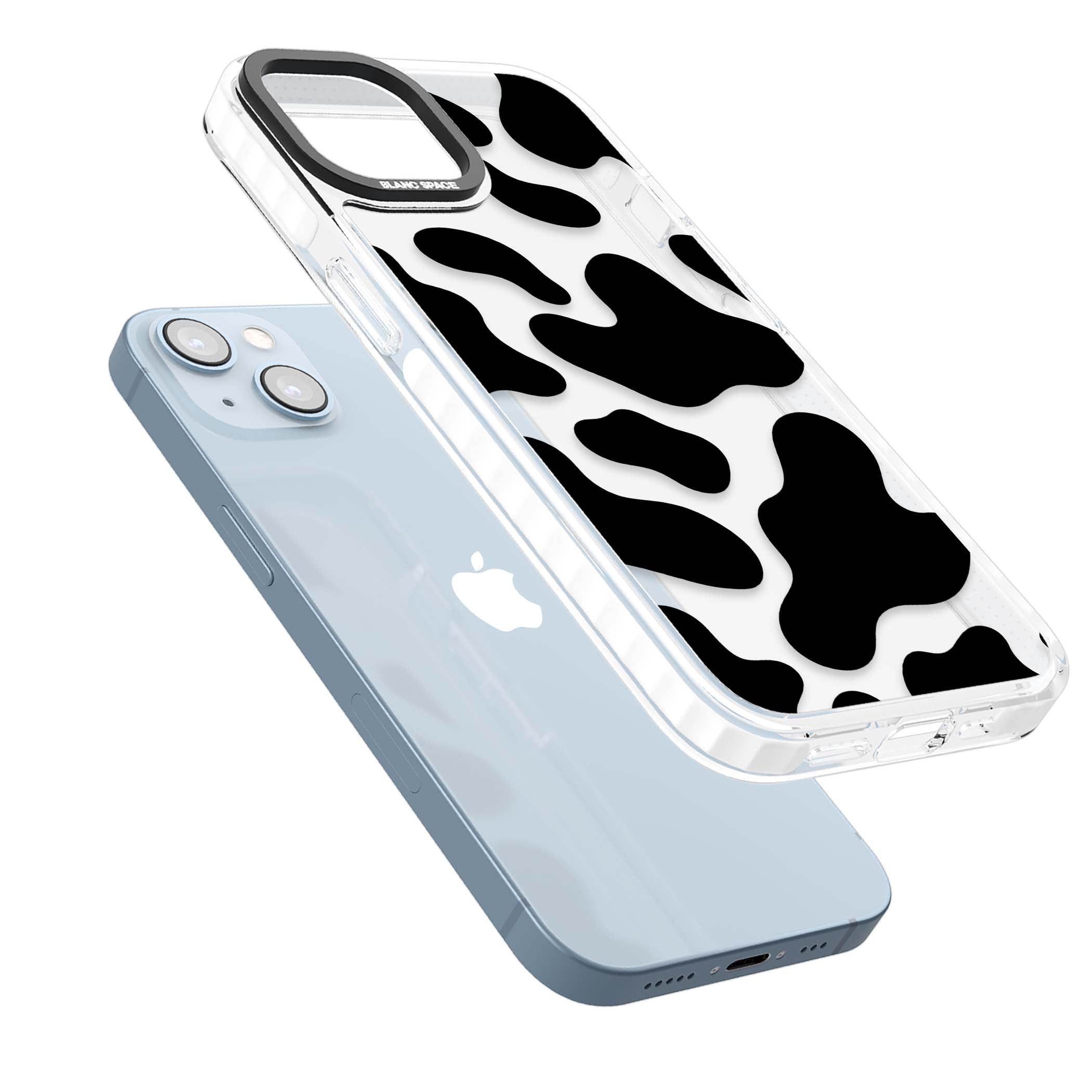 Clear Cow Print cow print iPhone case featuring black and white cow pattern splotches on a clear background | Clear Impact case for iPhone 13, iPhone 14, iPhone 15
