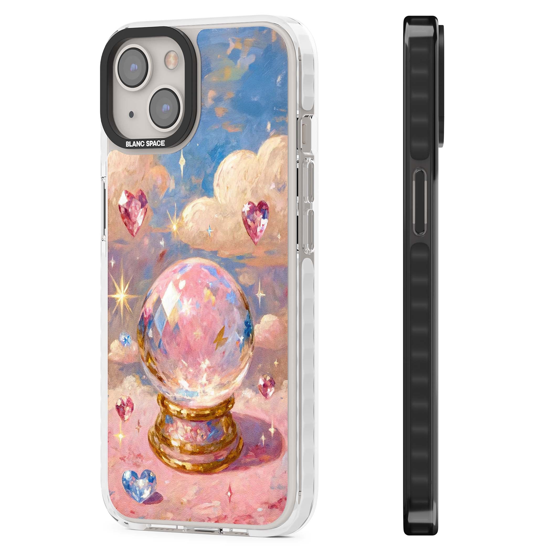 Crystal Ball fairycore iPhone case featuring a painted crystal ball, heart gemstones, and pastel clouds | Clear Impact case for iPhone 13, iPhone 14, iPhone 15