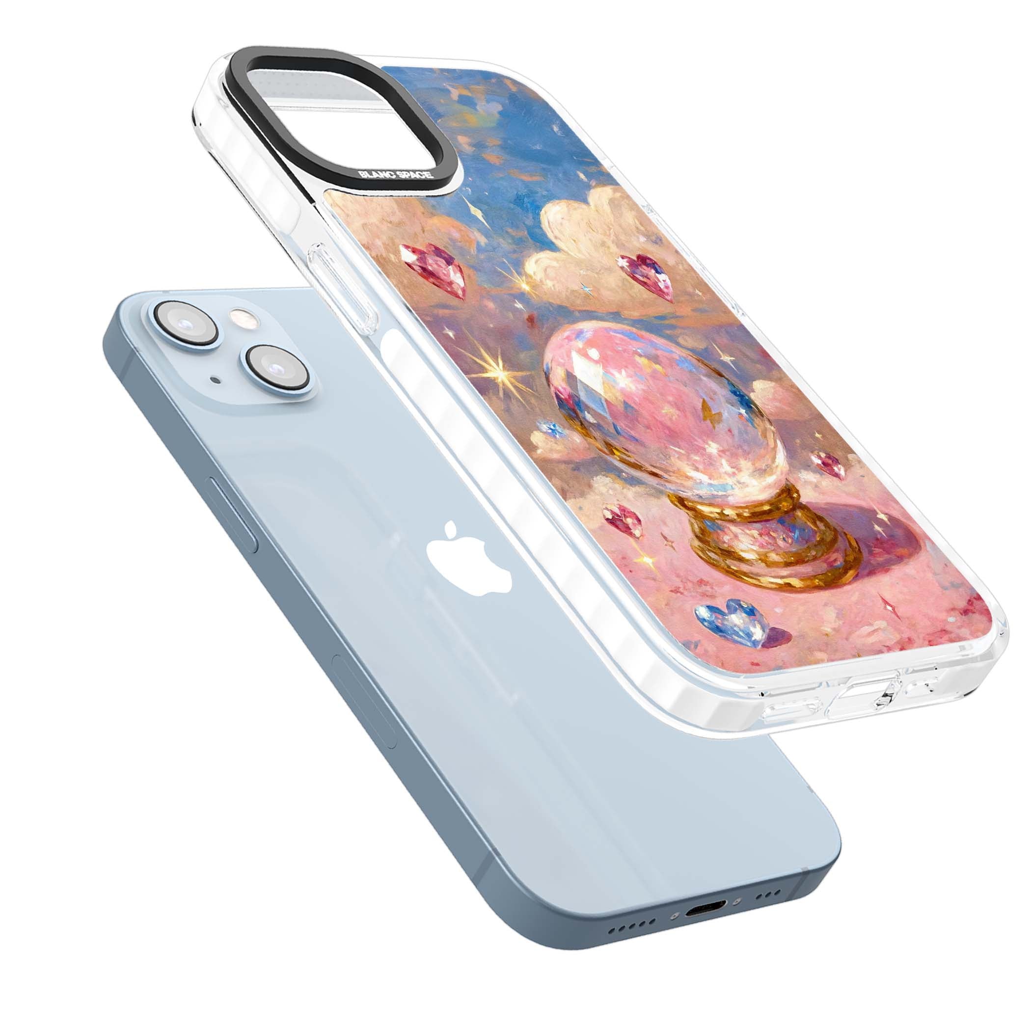 Crystal Ball fairycore iPhone case featuring a painted crystal ball, heart gemstones, and pastel clouds | Clear Impact case for iPhone 13, iPhone 14, iPhone 15
