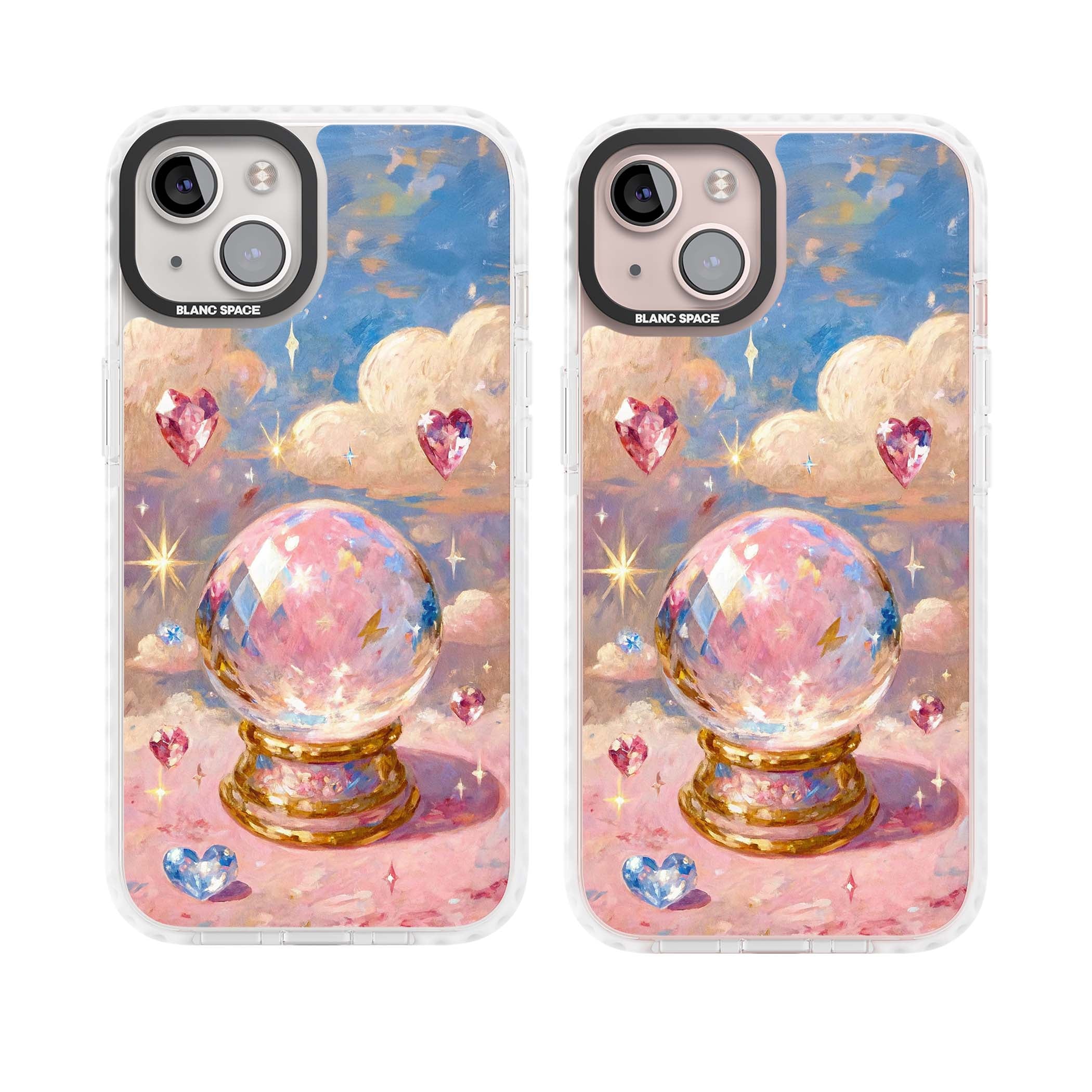 Crystal Ball fairycore iPhone case featuring a painted crystal ball, heart gemstones, and pastel clouds | Clear Impact case for iPhone 13, iPhone 14, iPhone 15