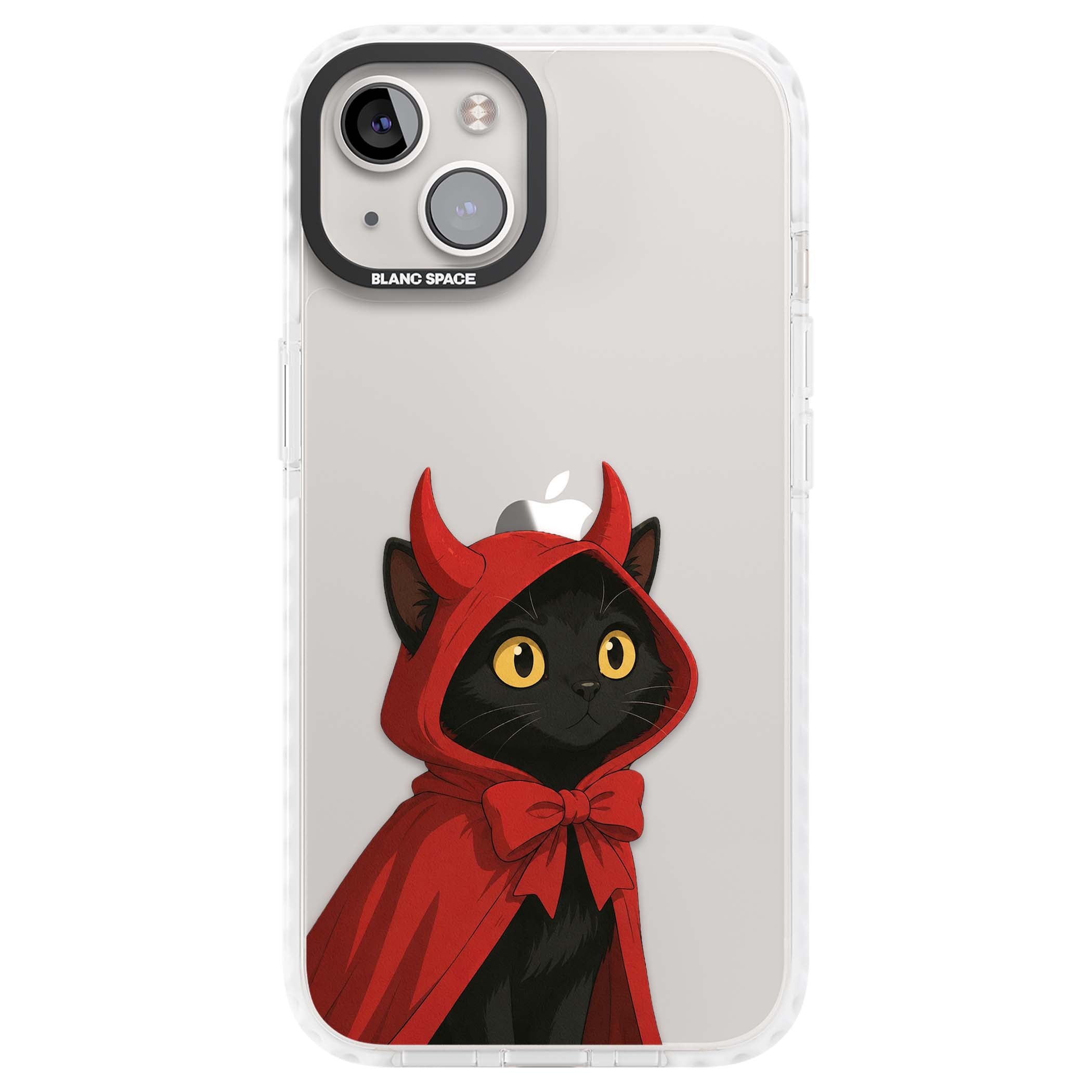 Little Devil halloween iPhone case featuring a black cat in a red hooded devil cloak with horns and golden eyes | Clear Impact case for iPhone 13, iPhone 14, iPhone 15