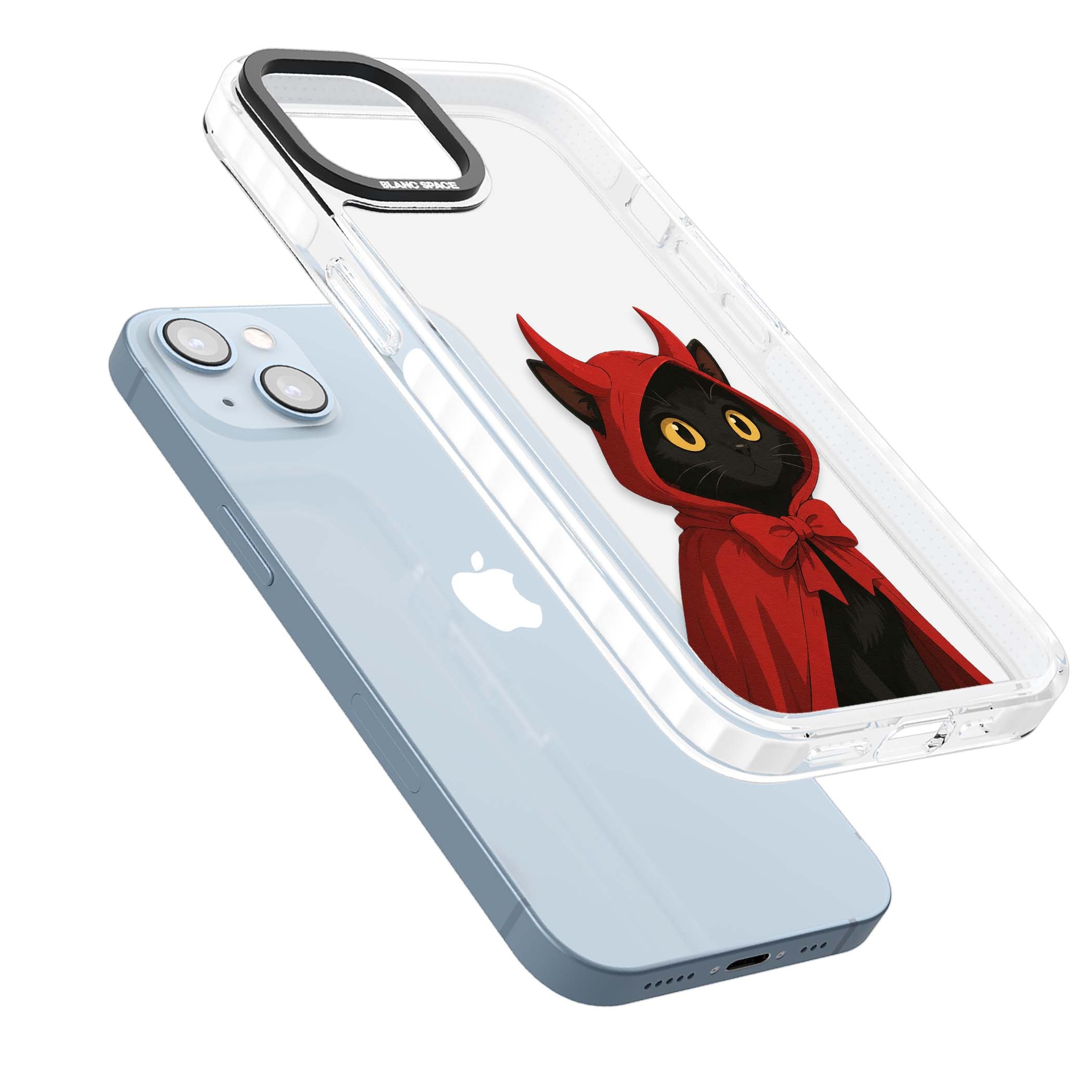 Little Devil halloween iPhone case featuring a black cat in a red hooded devil cloak with horns and golden eyes | Clear Impact case for iPhone 13, iPhone 14, iPhone 15