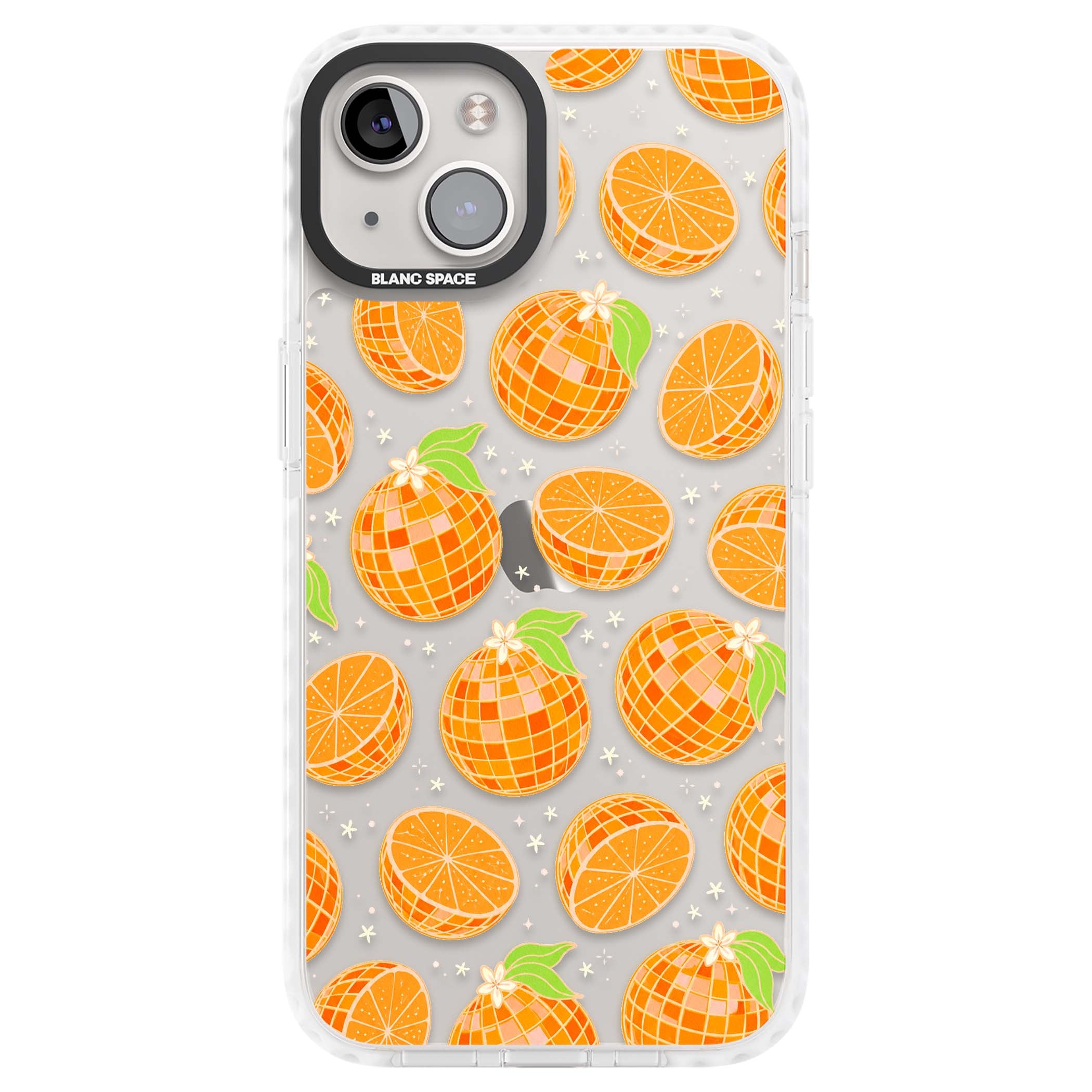 Disco Oranges retro iPhone case featuring mirrorball oranges, citrus slices and tiny blossoms on clear | Clear Impact case for iPhone 13, iPhone 14, iPhone 15