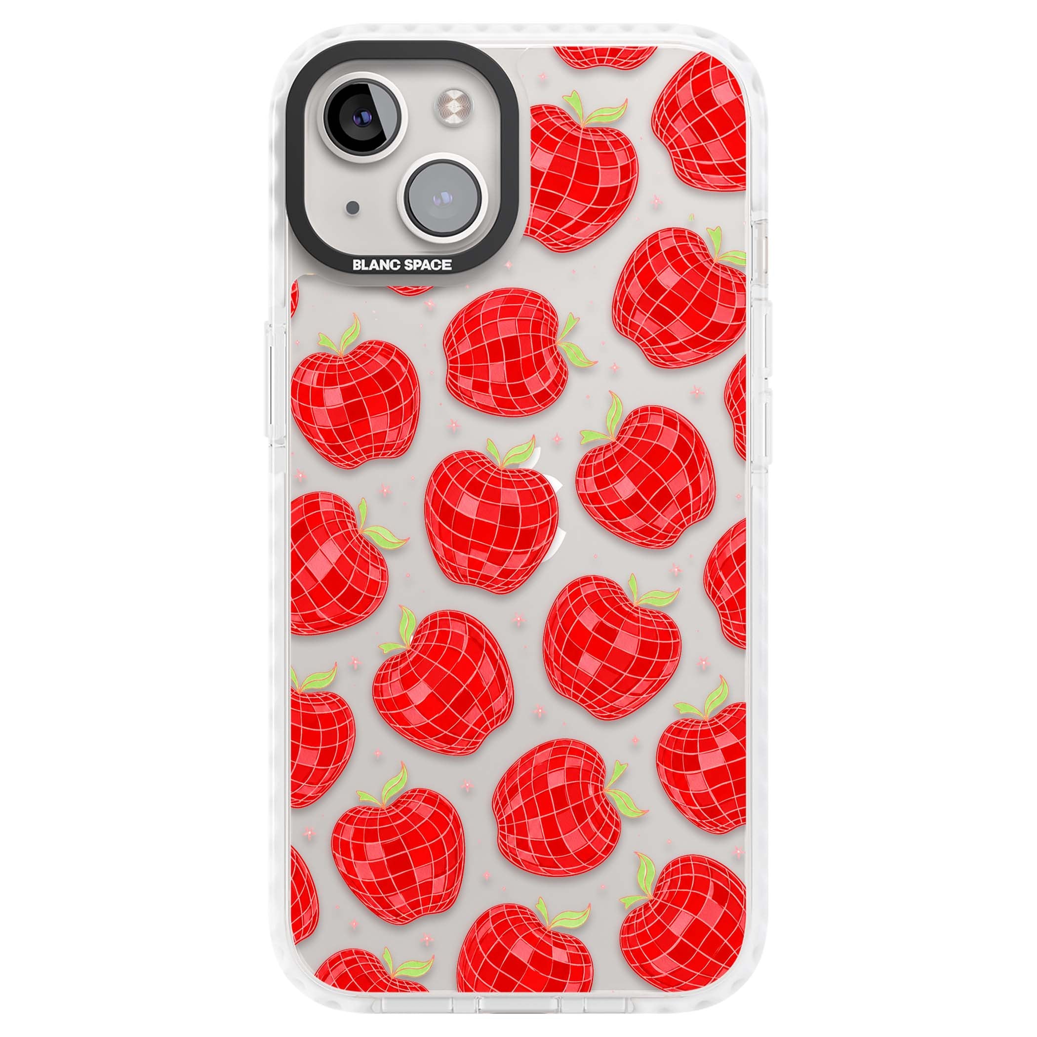 Disco Apples Y2K iPhone case featuring red disco ball apples, green leaves and pink sparkles on clear | Clear Impact case for iPhone 13, iPhone 14, iPhone 15