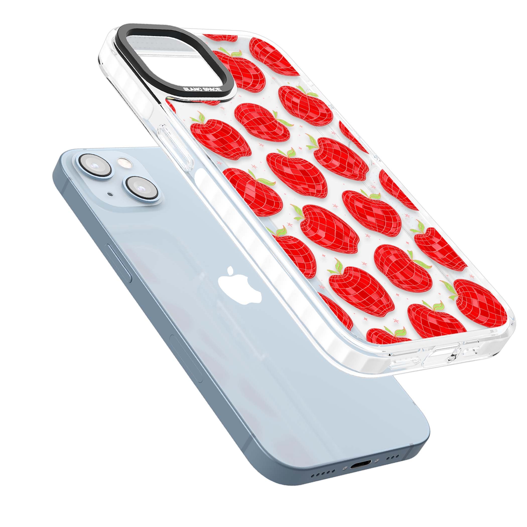 Disco Apples Y2K iPhone case featuring red disco ball apples, green leaves and pink sparkles on clear | Clear Impact case for iPhone 13, iPhone 14, iPhone 15