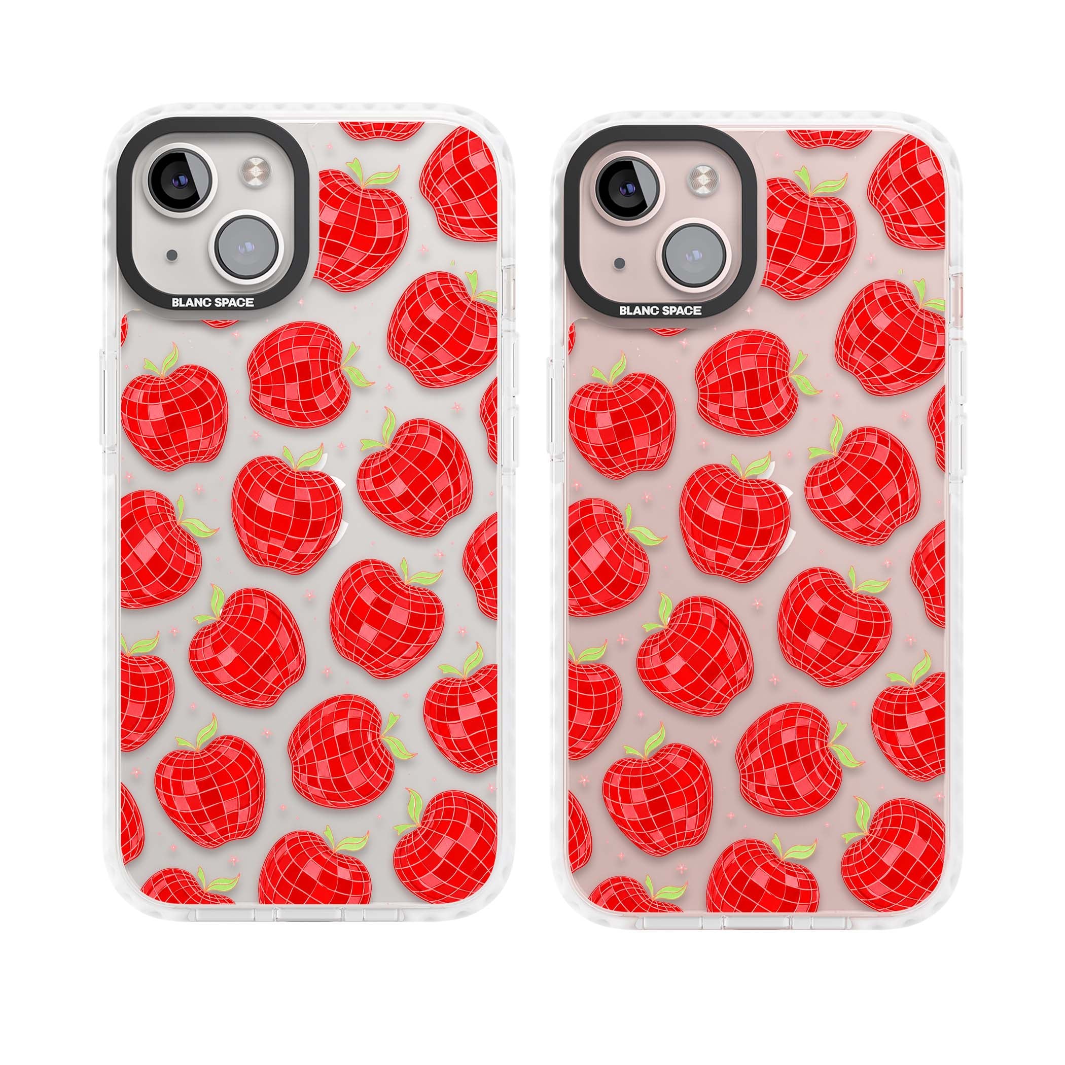 Disco Apples Y2K iPhone case featuring red disco ball apples, green leaves and pink sparkles on clear | Clear Impact case for iPhone 13, iPhone 14, iPhone 15