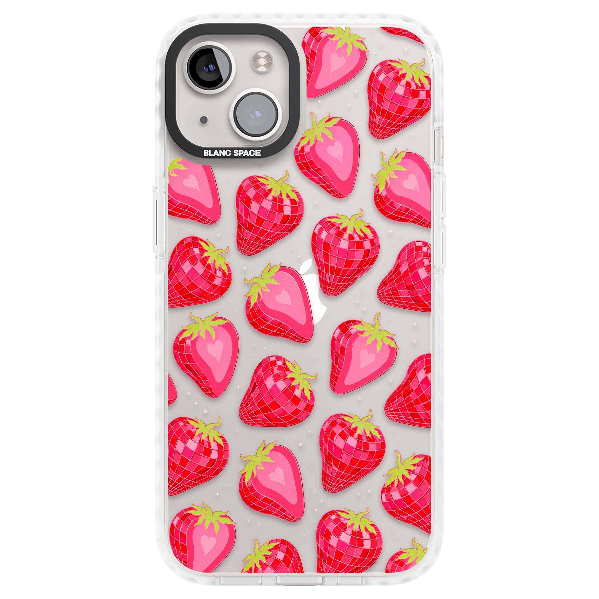 Disco Strawberry Y2K iPhone case featuring pink disco-ball strawberries, green leaves and tiny sparkles | Clear Impact case for iPhone 13, iPhone 14, iPhone 15
